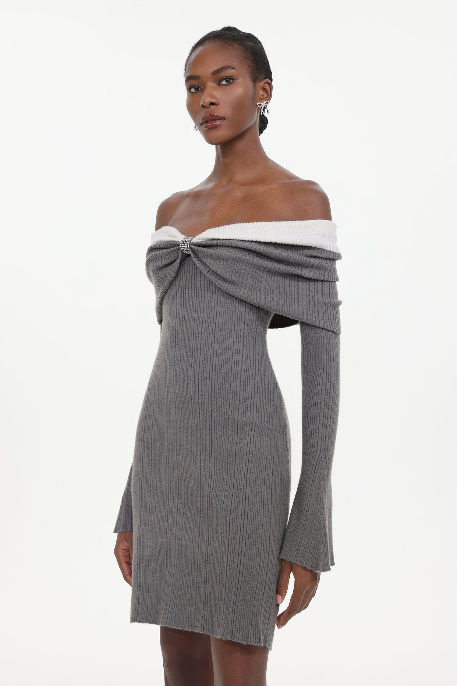 Kila Chic Embellished Off Shoulder Long Sleeve Rhinestone Knit Mini Dress