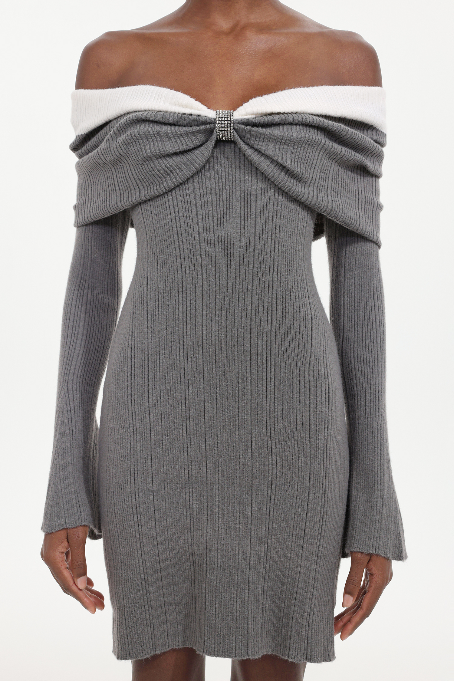 Kila Chic Embellished Off Shoulder Long Sleeve Rhinestone Knit Mini Dress