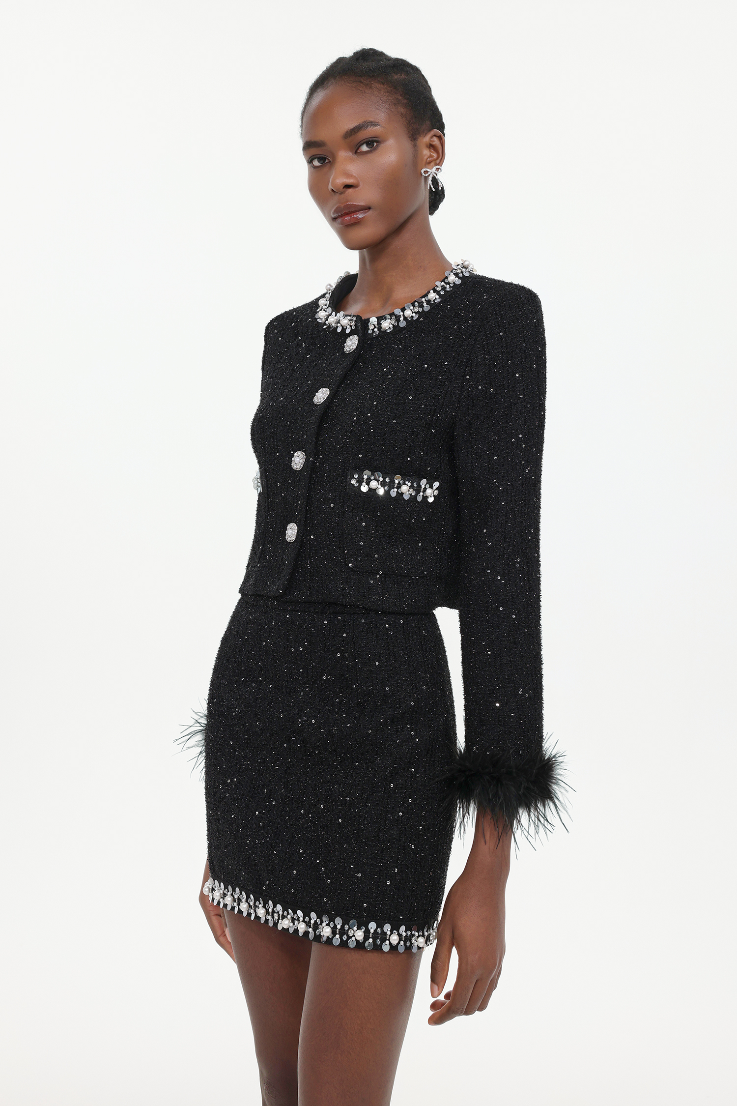 Halasa Classic Tailored Round Neck Long Sleeve Sequin Rhinestone Fluffy Woven Top And Skirt Two-Piece Set