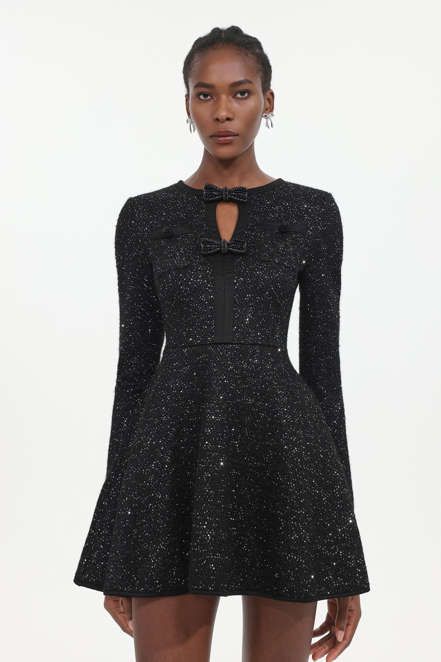 Resber Elegant Tailored Round Neck Long Sleeve Bow Sequin Knit Mini Dress