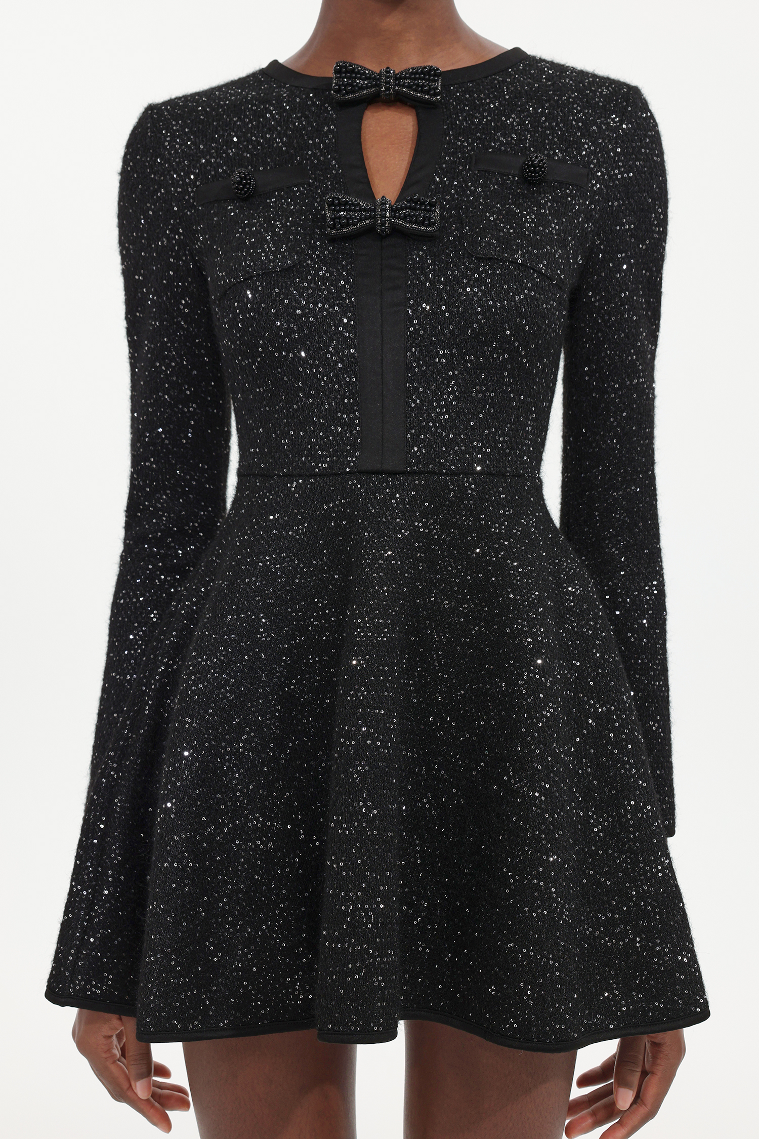 Resber Elegant Tailored Round Neck Long Sleeve Bow Sequin Knit Mini Dress