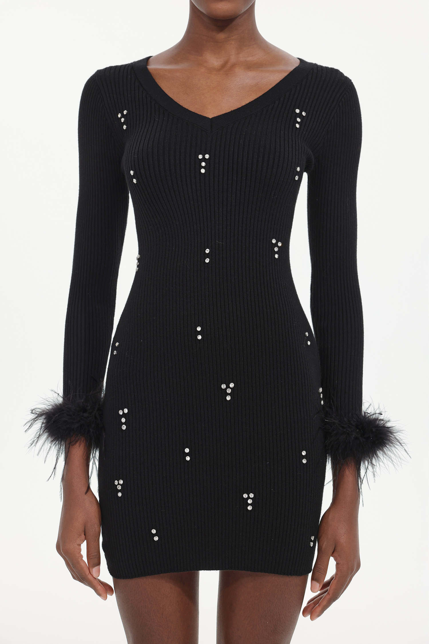 Moua Elegant Contour  Long Sleeve Rhinestone Feather Knit Black Mini Dress