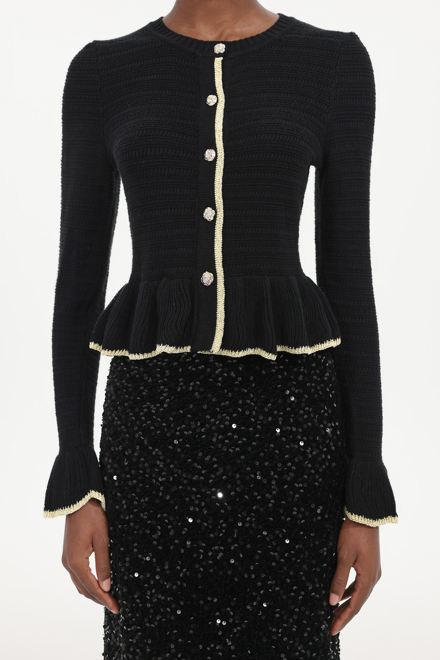 Zalma Elegant Contour Round Neck Long Sleeve Ruffle Knit Top