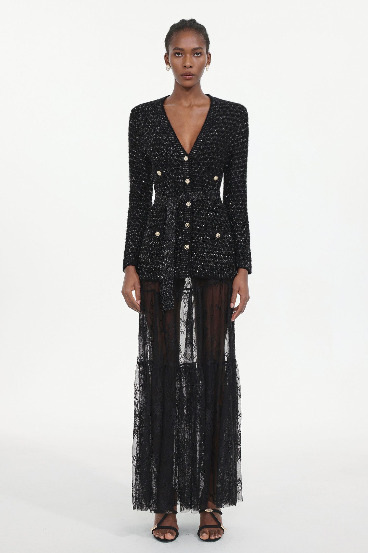 Yara Elegant Embellished Long Sleeve Sequin Knit Cardigan