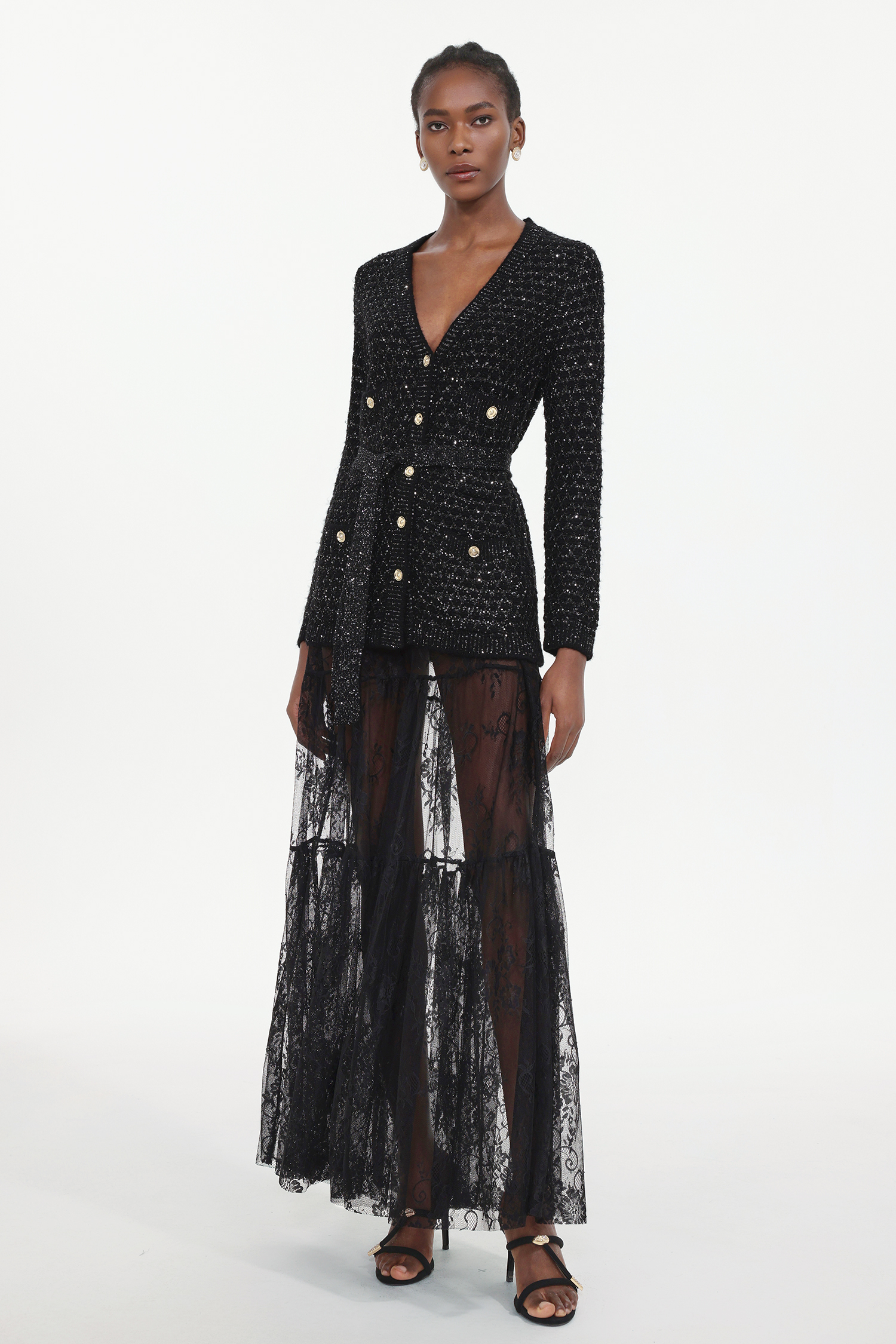 Yara Elegant Embellished Long Sleeve Sequin Knit Cardigan