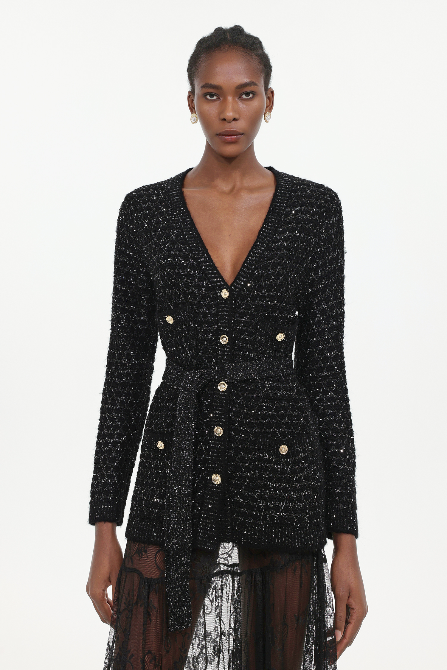 Yara Elegant Embellished Long Sleeve Sequin Knit Cardigan