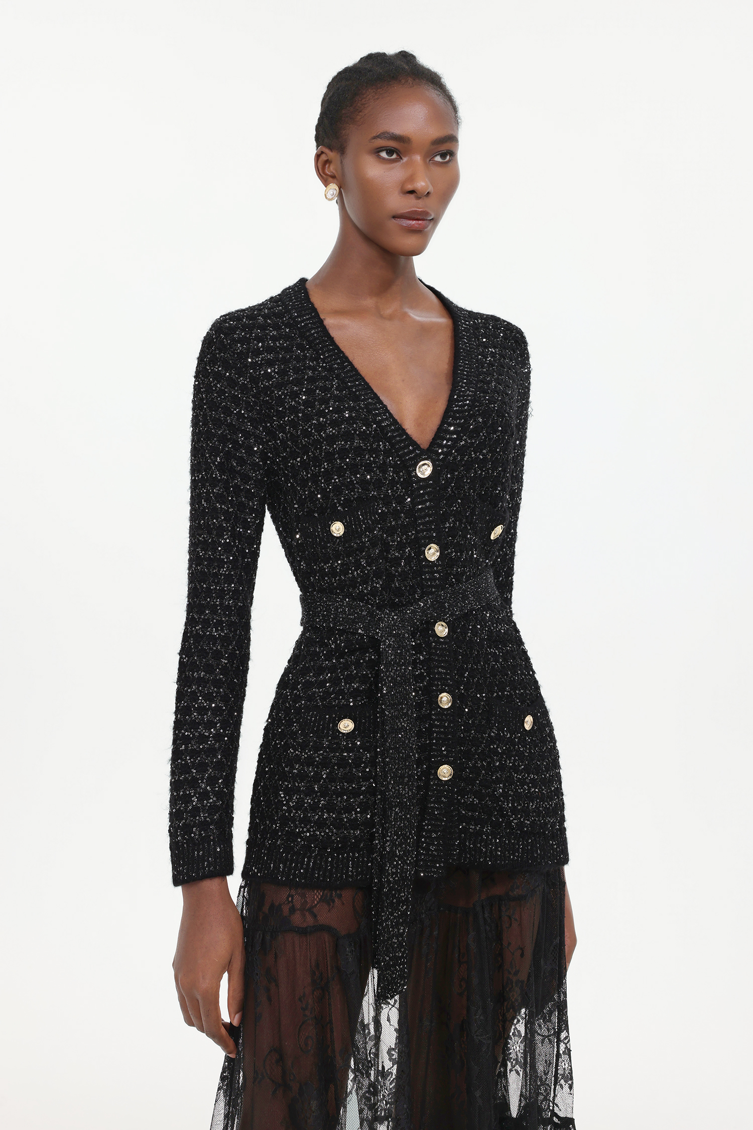 Yara Elegant Embellished Long Sleeve Sequin Knit Cardigan