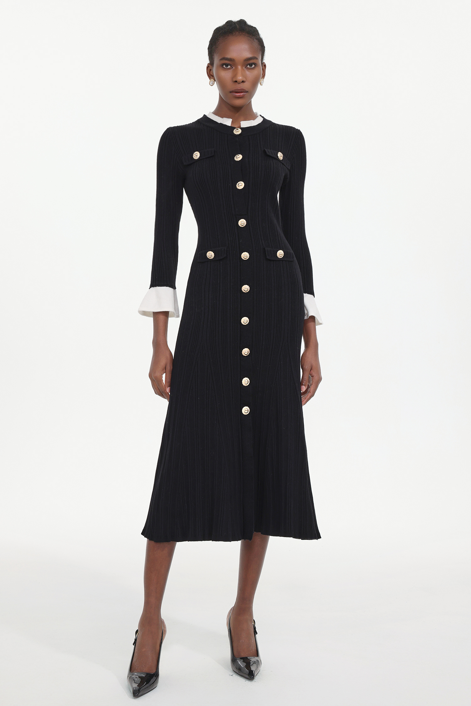 Enid Elegant Contour Long Sleeve Knit Maxi Dress