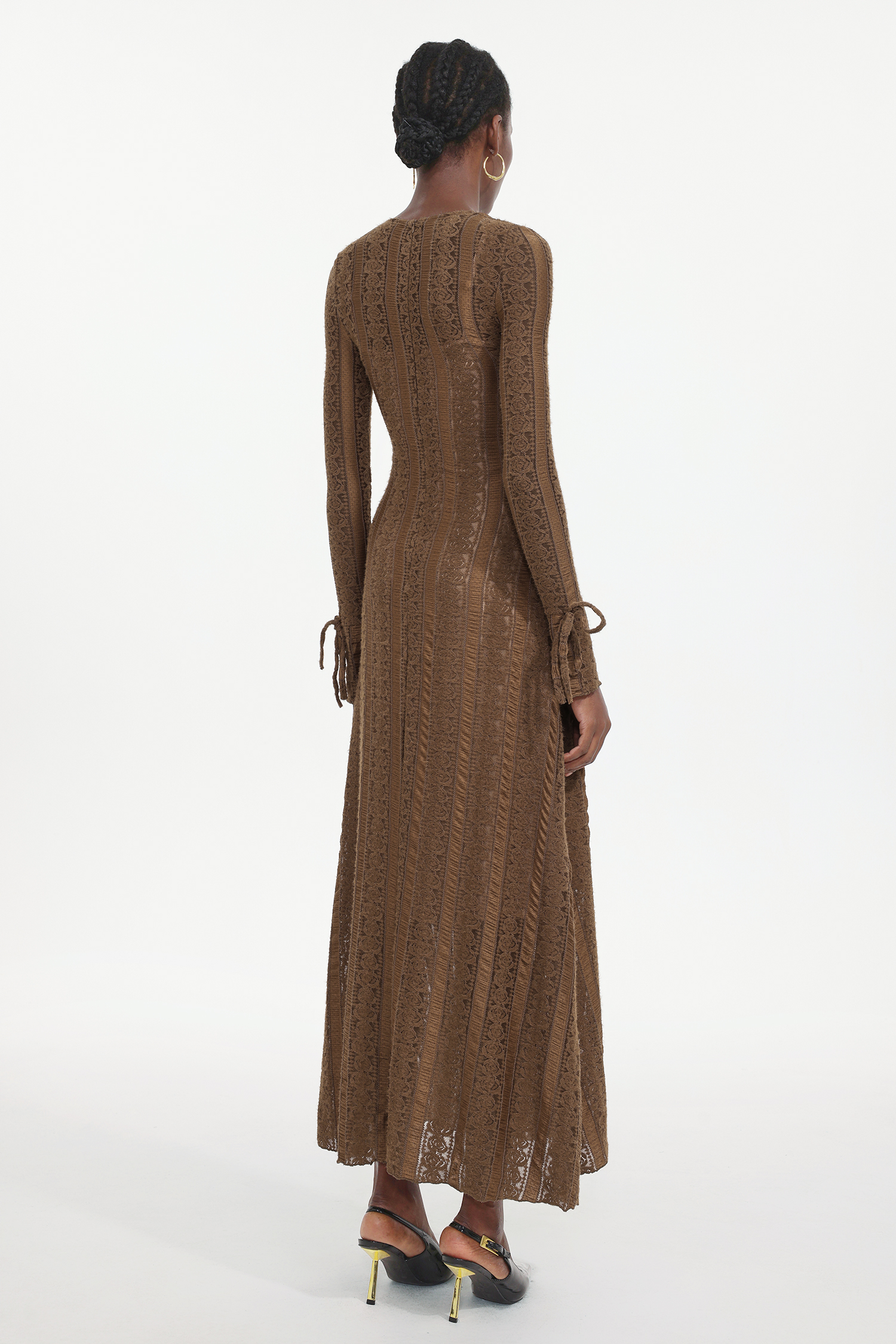 Katya Romantic Contour Long Sleeve Bow Lace Brown Maxi Dress