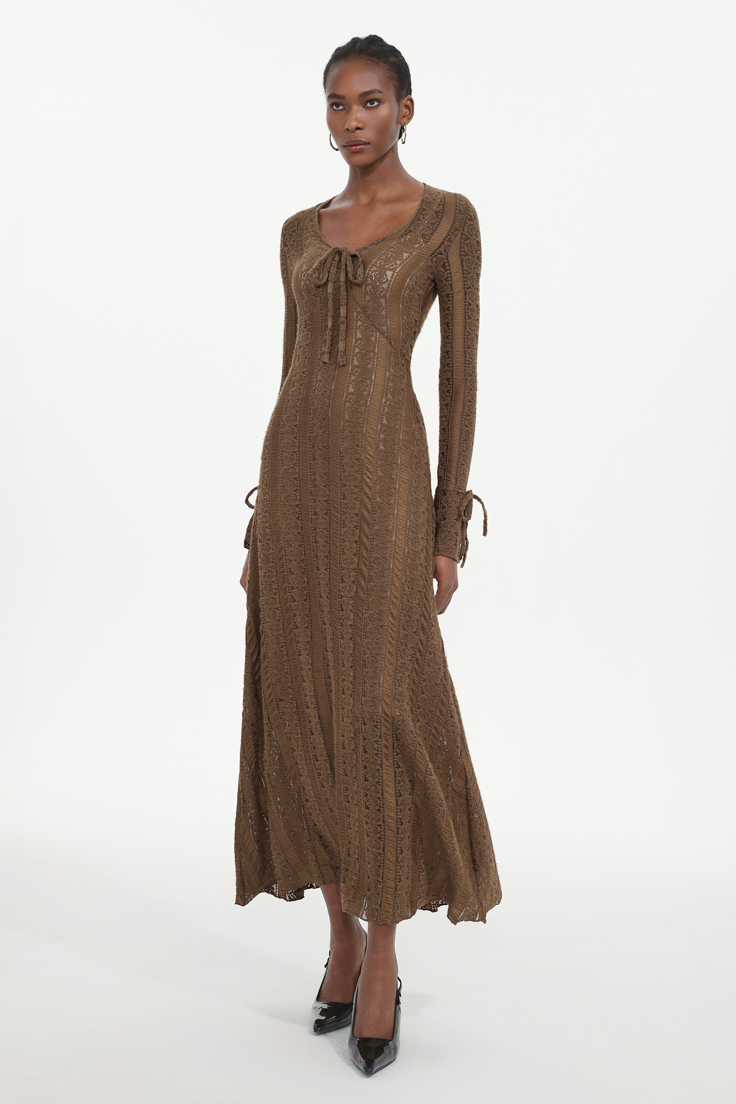 Katya Romantic Contour Long Sleeve Bow Lace Brown Maxi Dress