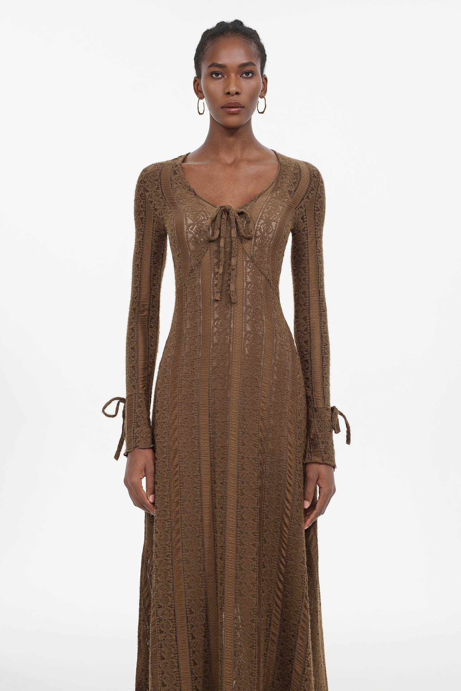 Katya Romantic Contour Long Sleeve Bow Lace Brown Maxi Dress