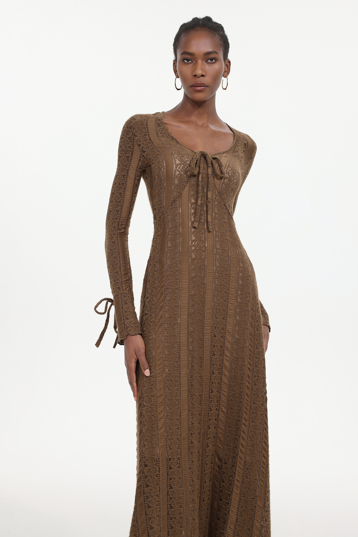 Katya Romantic Contour Long Sleeve Bow Lace Brown Maxi Dress