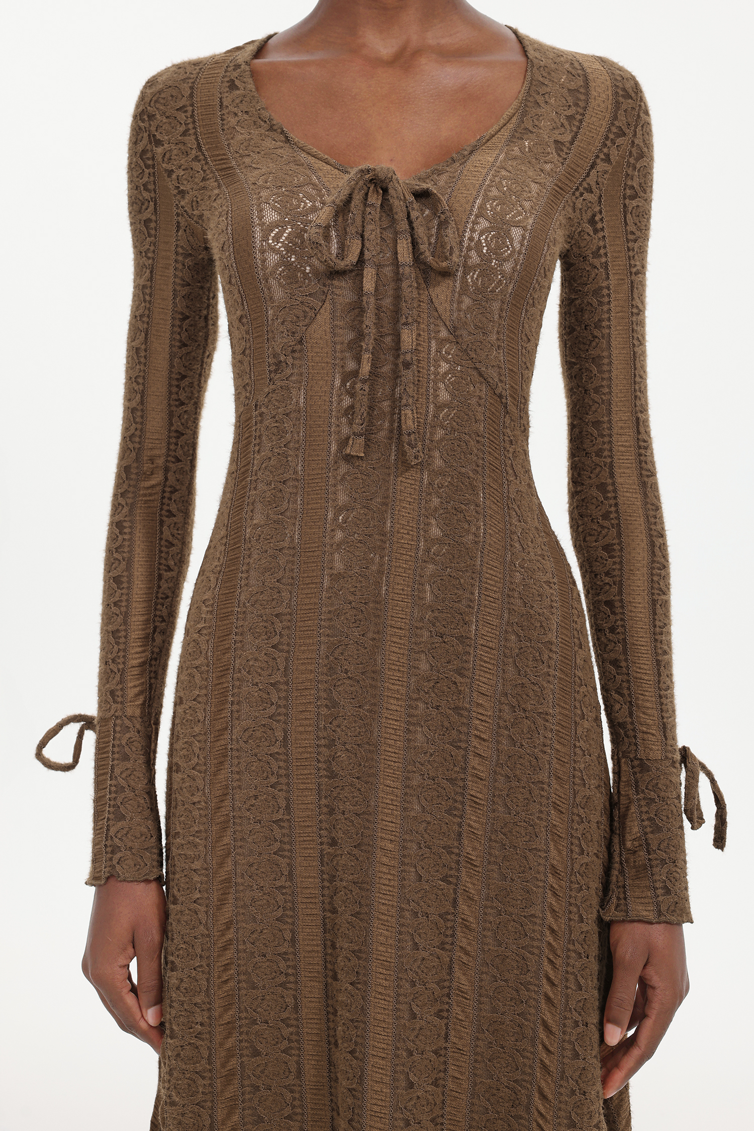 Katya Romantic Contour Long Sleeve Bow Lace Brown Maxi Dress