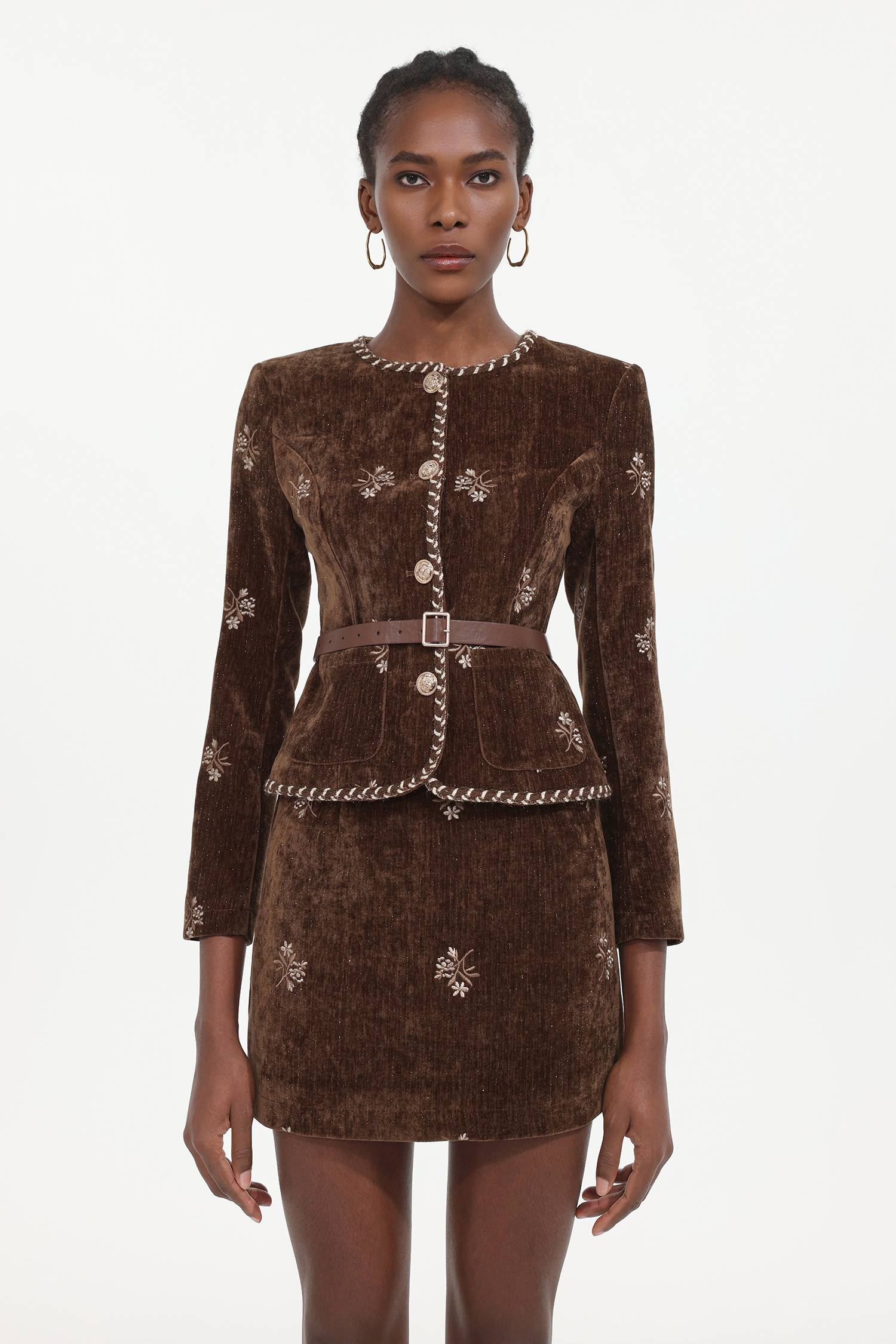 Grinin Elegant Round Neck Long Sleeve Floral Corduroy Top And Skirt Two-Piece Set