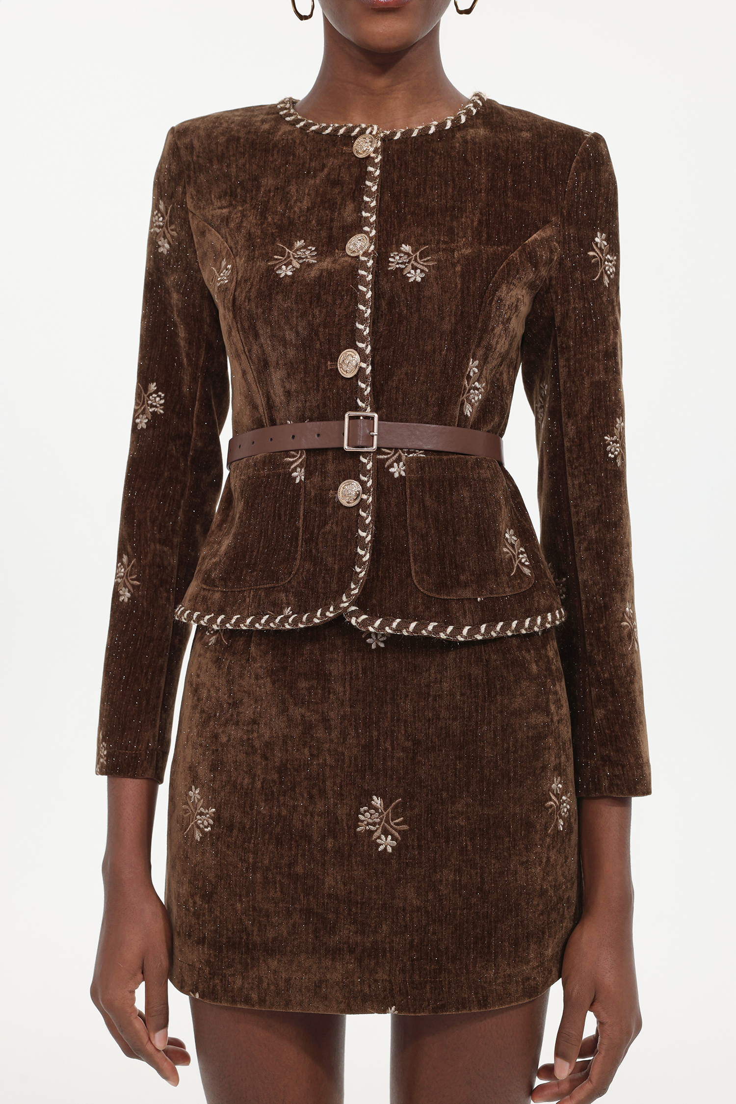 Grinin Elegant Round Neck Long Sleeve Floral Corduroy Top And Skirt Two-Piece Set