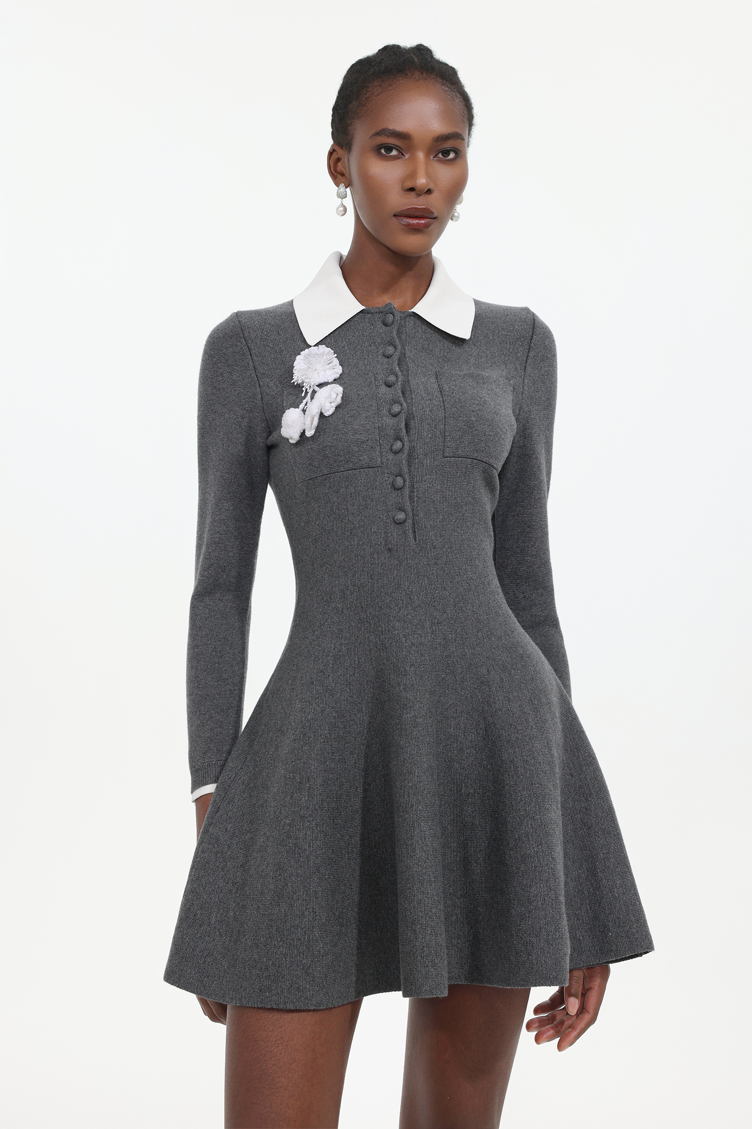 Sarah Elegant Contour Long Sleeve Floral Knit Mini Dress