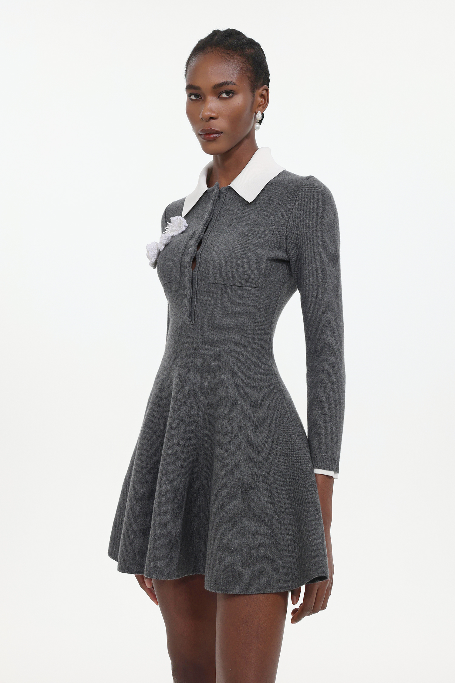 Sarah Elegant Contour Long Sleeve Floral Knit Mini Dress