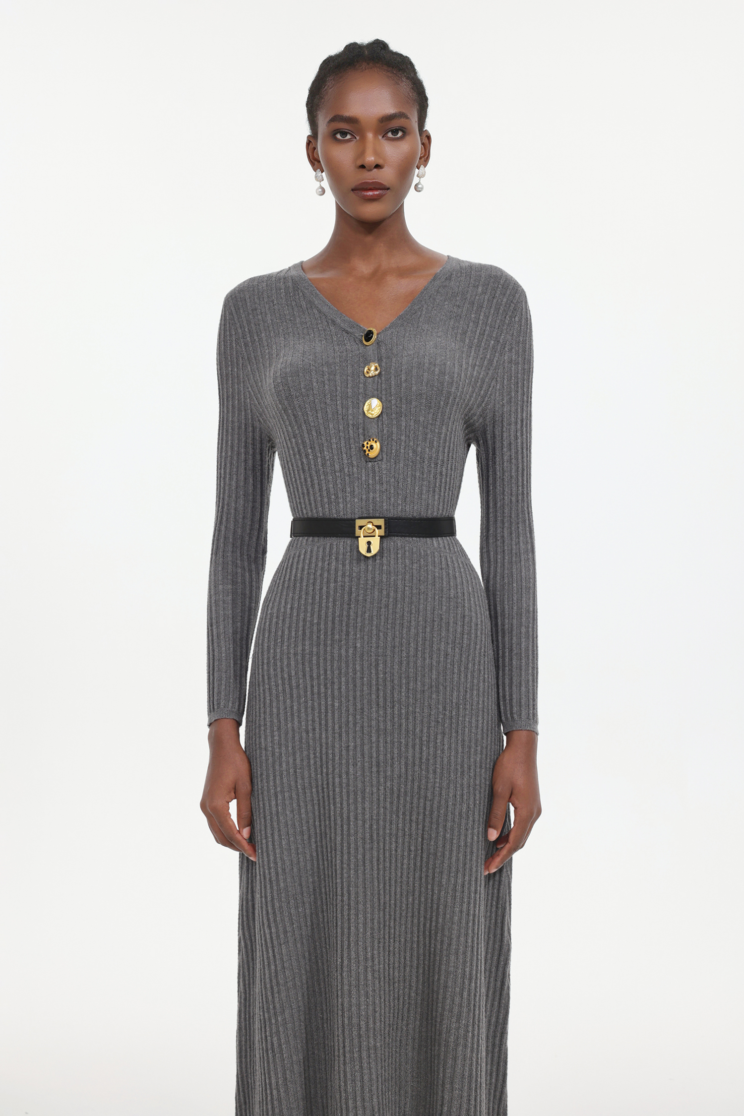 Edie Elegant Contour Long Sleeve Knit Maxi Dress