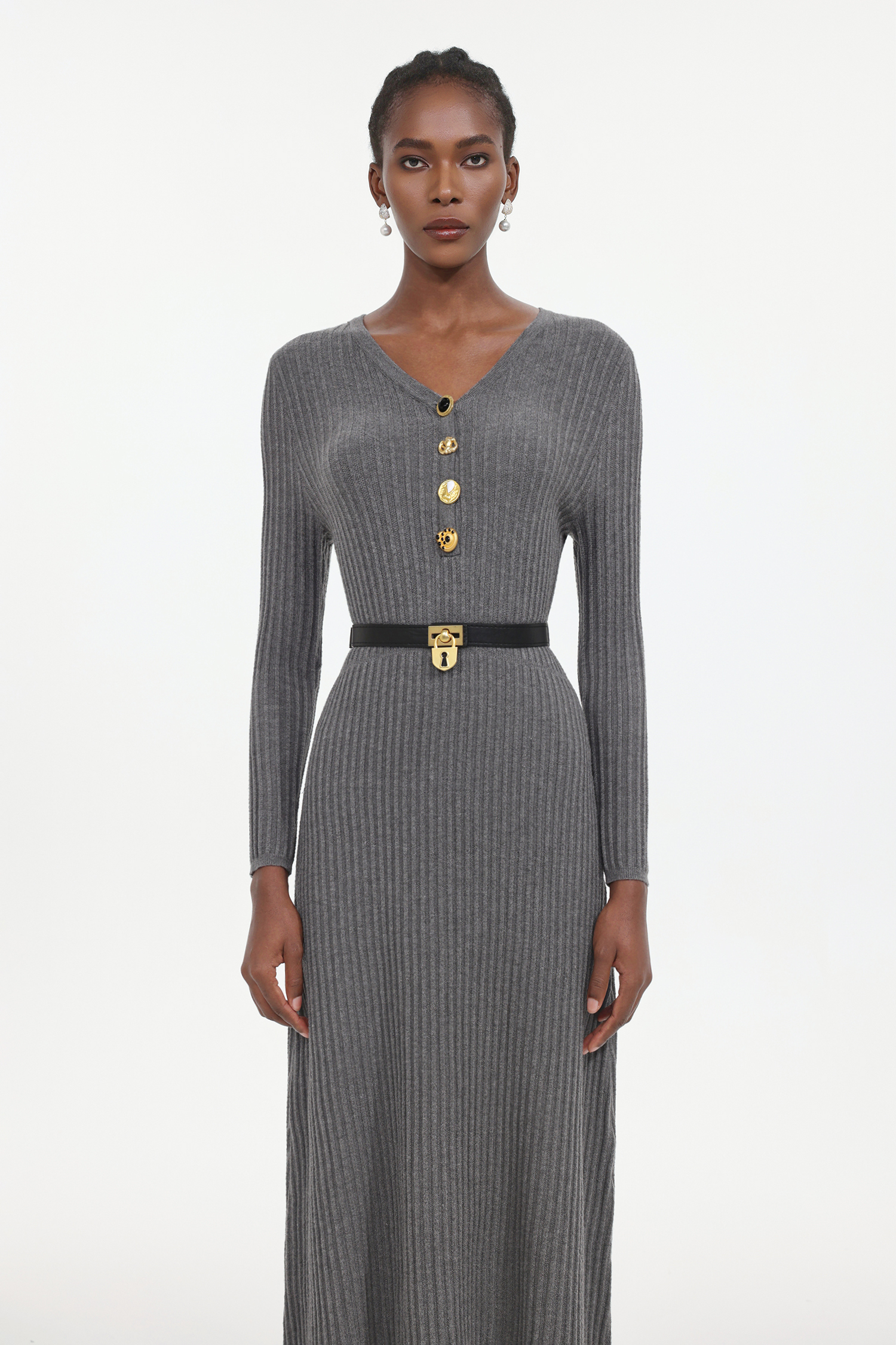 Edie Elegant Contour Long Sleeve Knit Maxi Dress