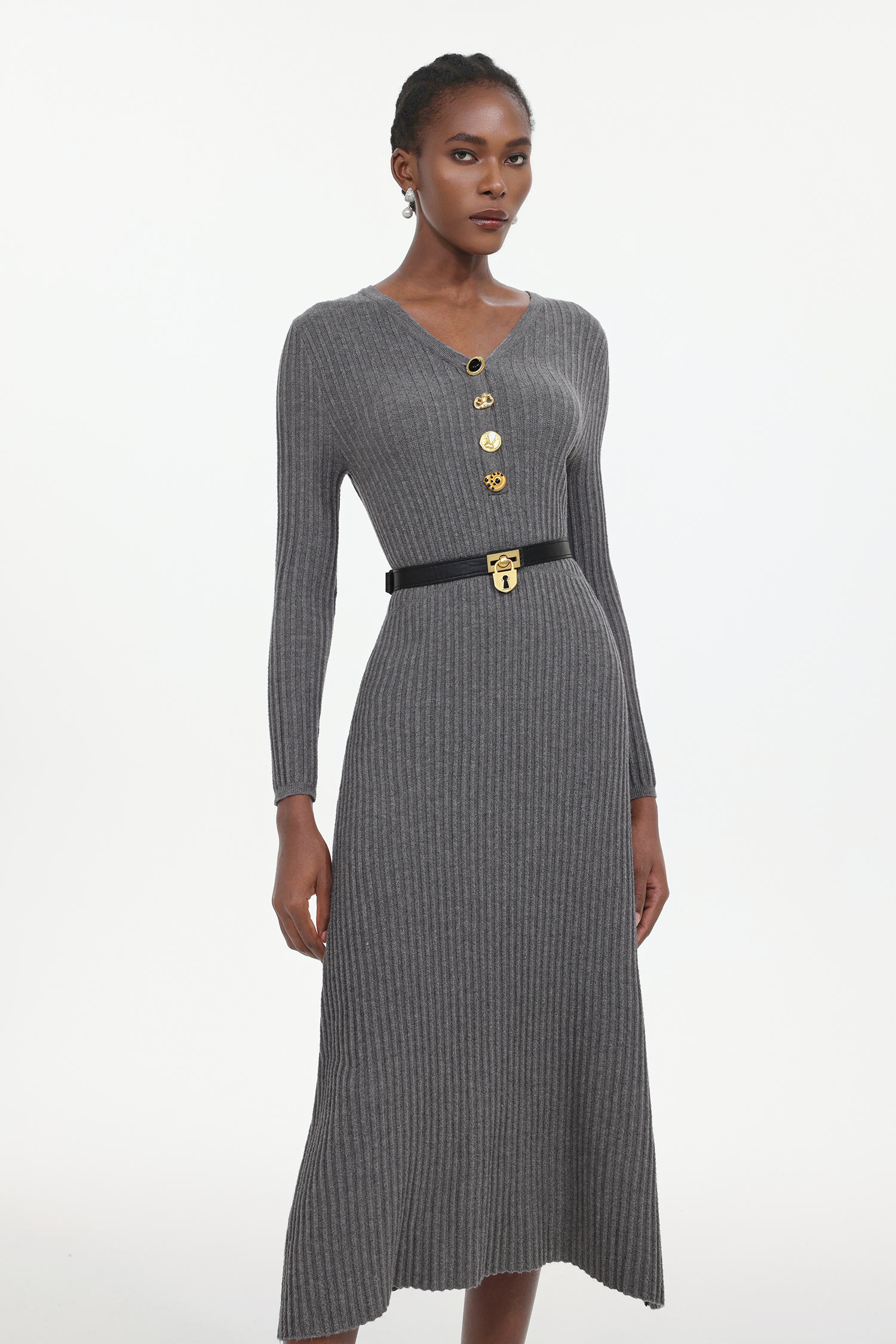 Edie Elegant Contour Long Sleeve Knit Maxi Dress