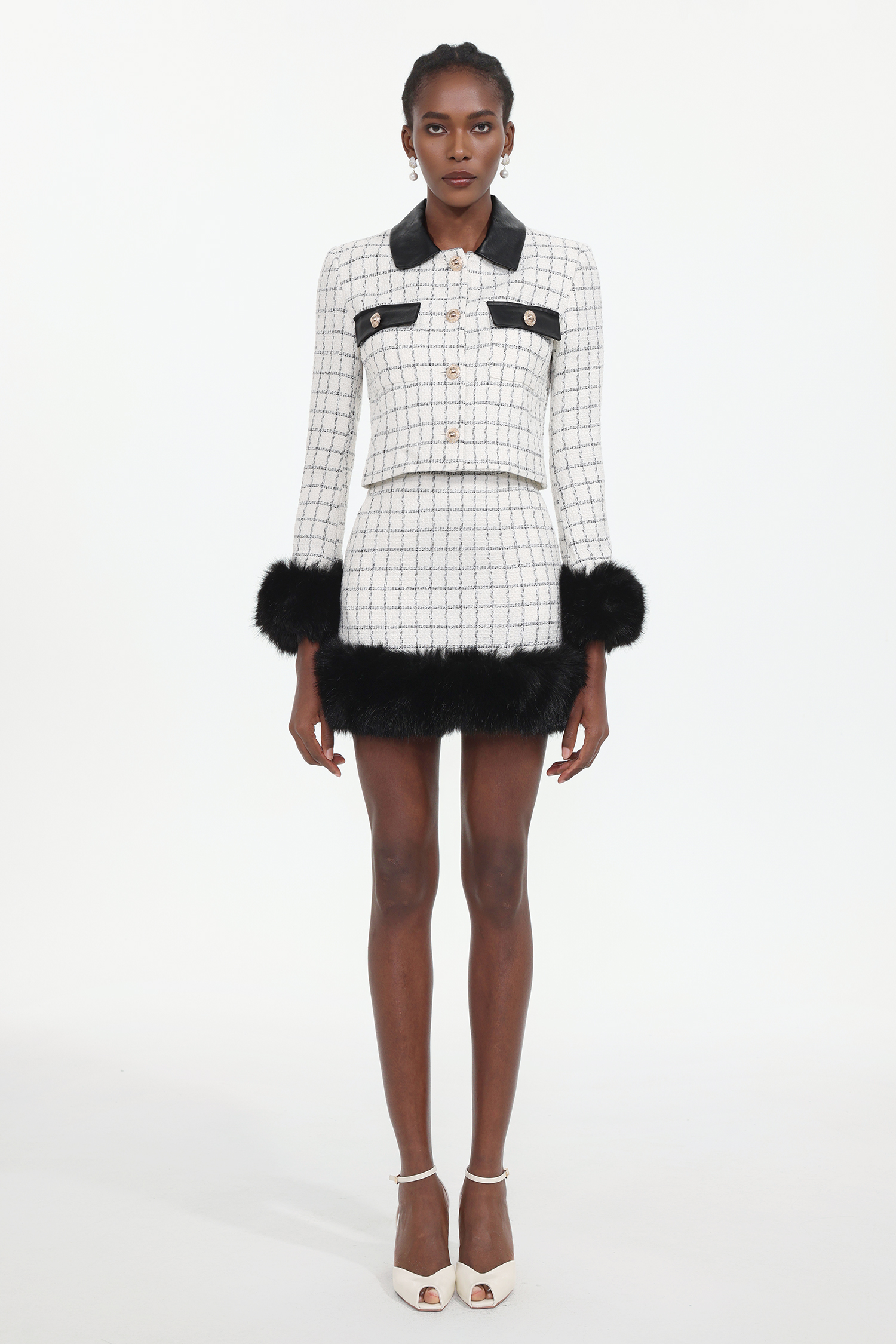 Kale Classic Tailored Long Sleeve Fluffy Plaid Tweed Top