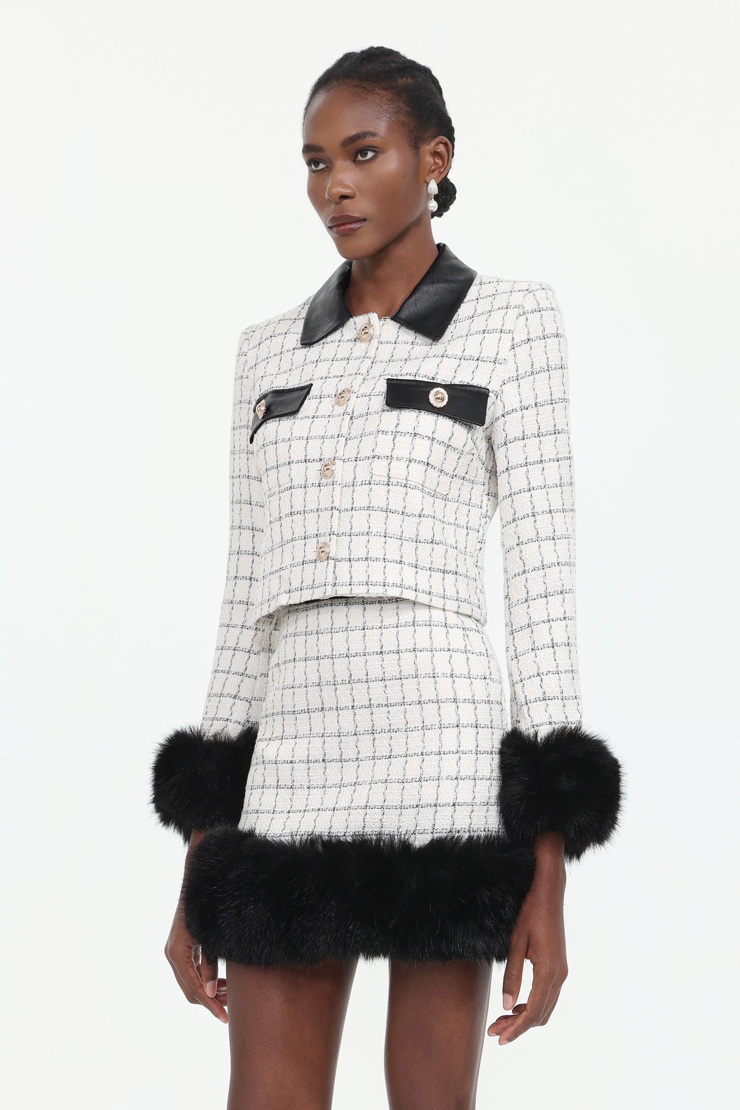 Kale Classic Tailored Long Sleeve Fluffy Plaid Tweed Top