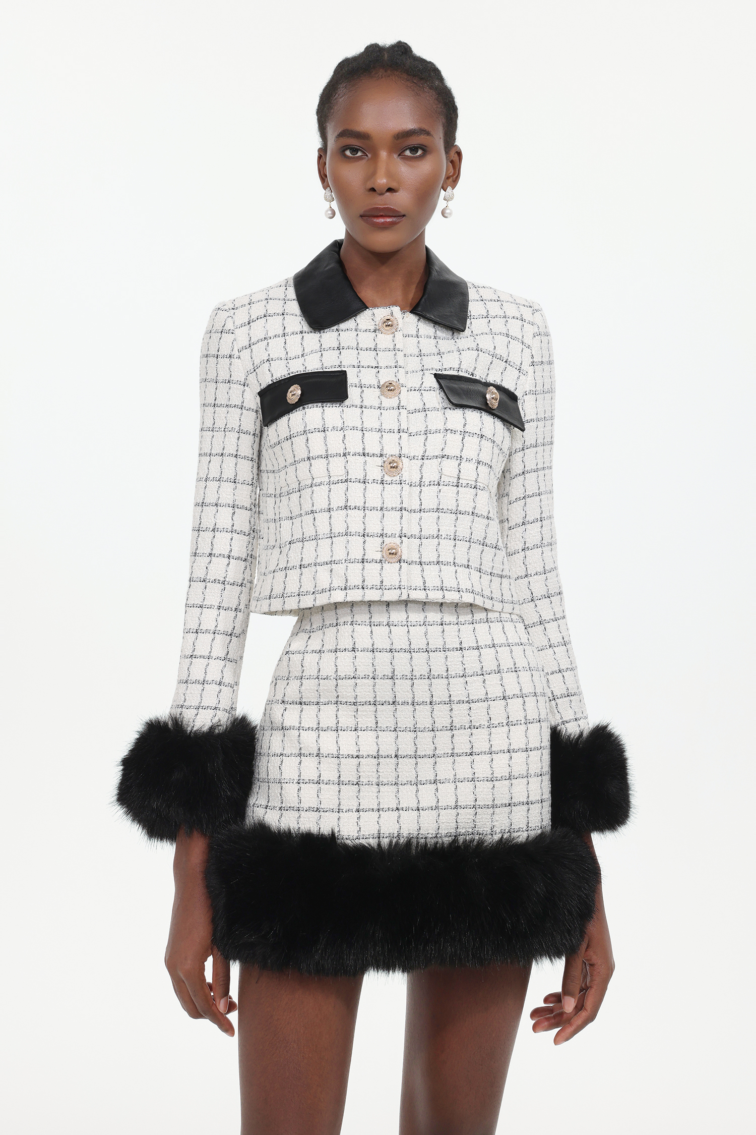 Kale Classic Tailored Long Sleeve Fluffy Plaid Tweed Top