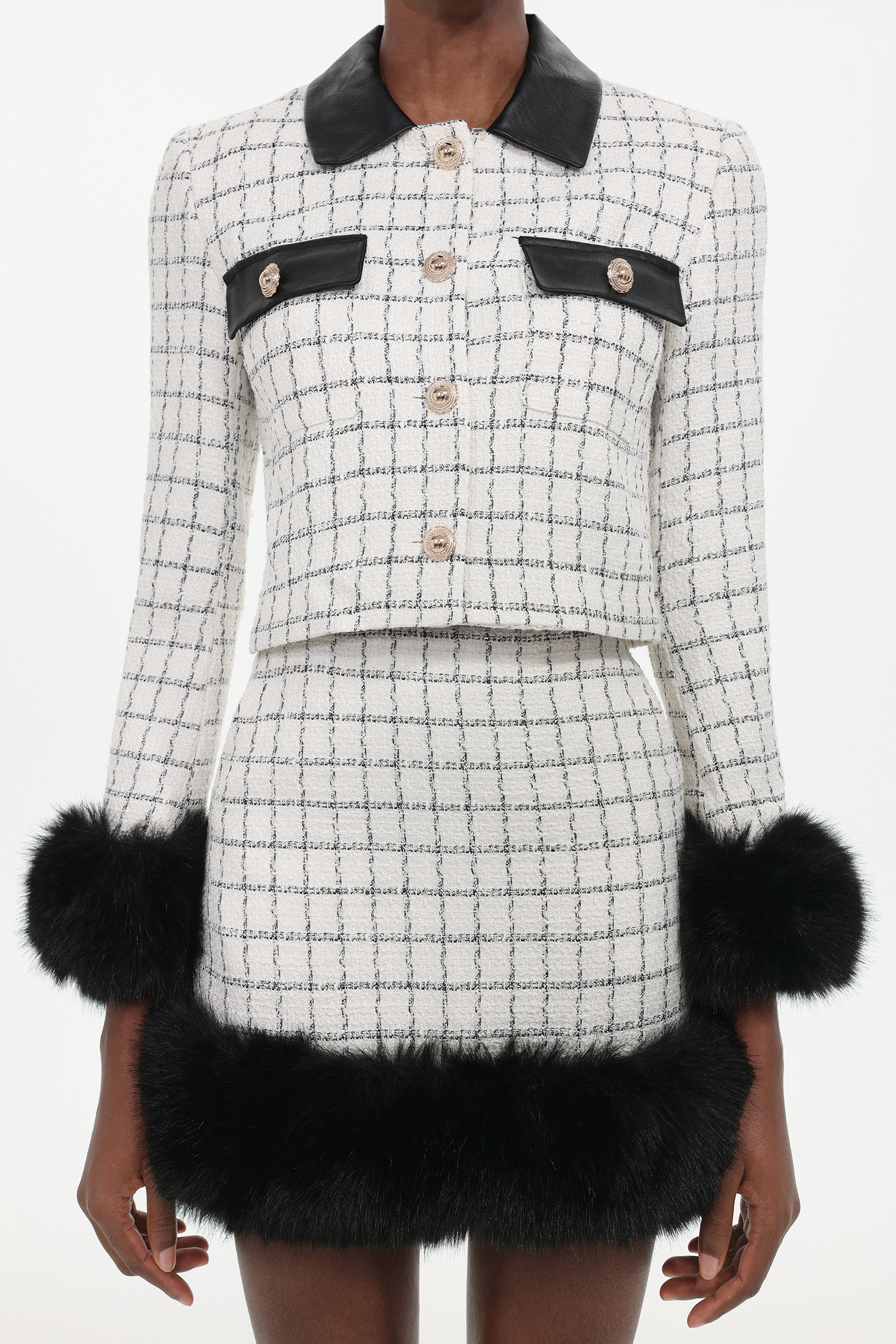 Kale Classic Tailored Long Sleeve Fluffy Plaid Tweed Top