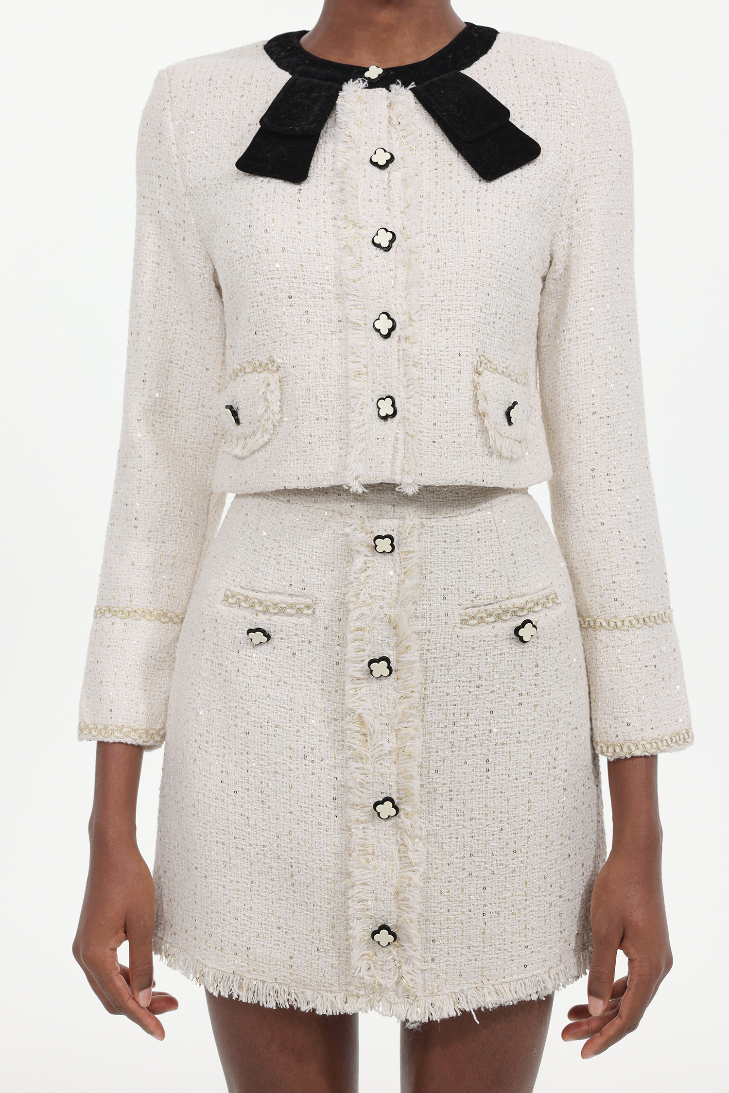 Yuri Classic Tailored Long Sleeve Bow Tweed Top And Skirt Two-Piece Set