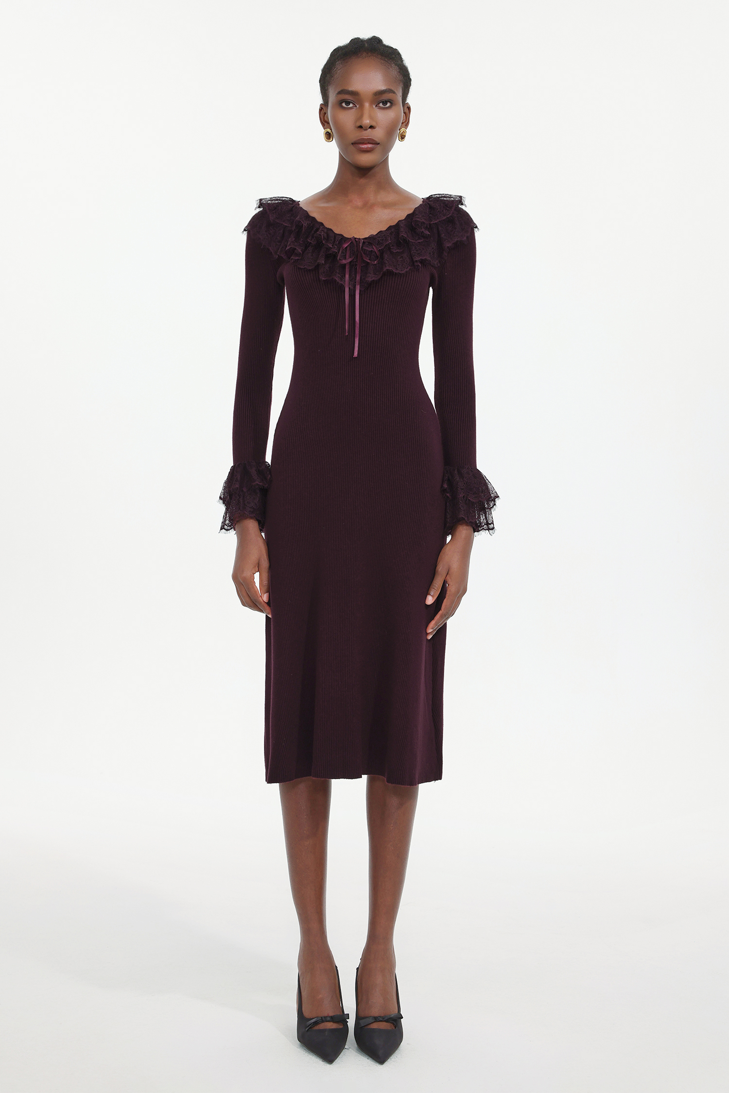 Darja Romantic Flowy Long Sleeve Lace Knit Midi Dress – Bellabarnett