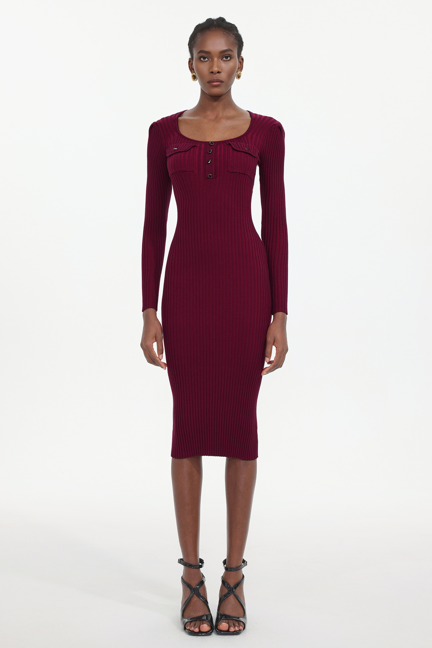 Pelosy Elegant Contour Long Sleeve Knit Midi Dress