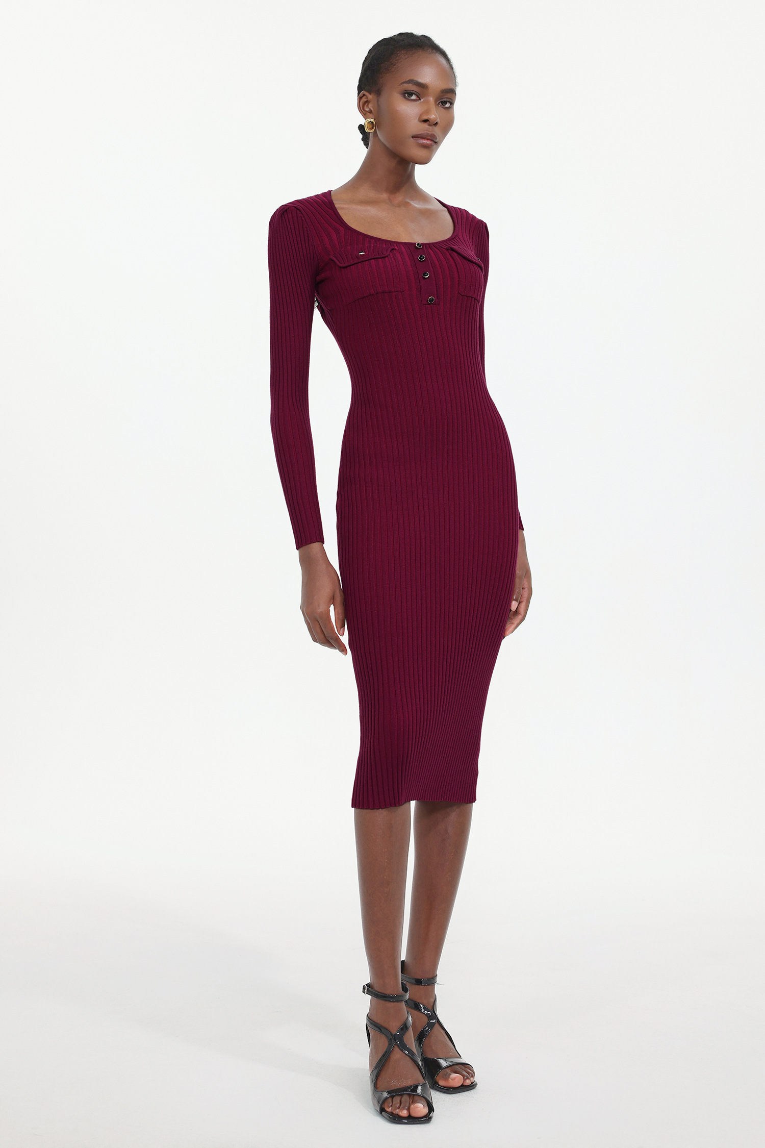 Pelosy Elegant Contour Long Sleeve Knit Midi Dress