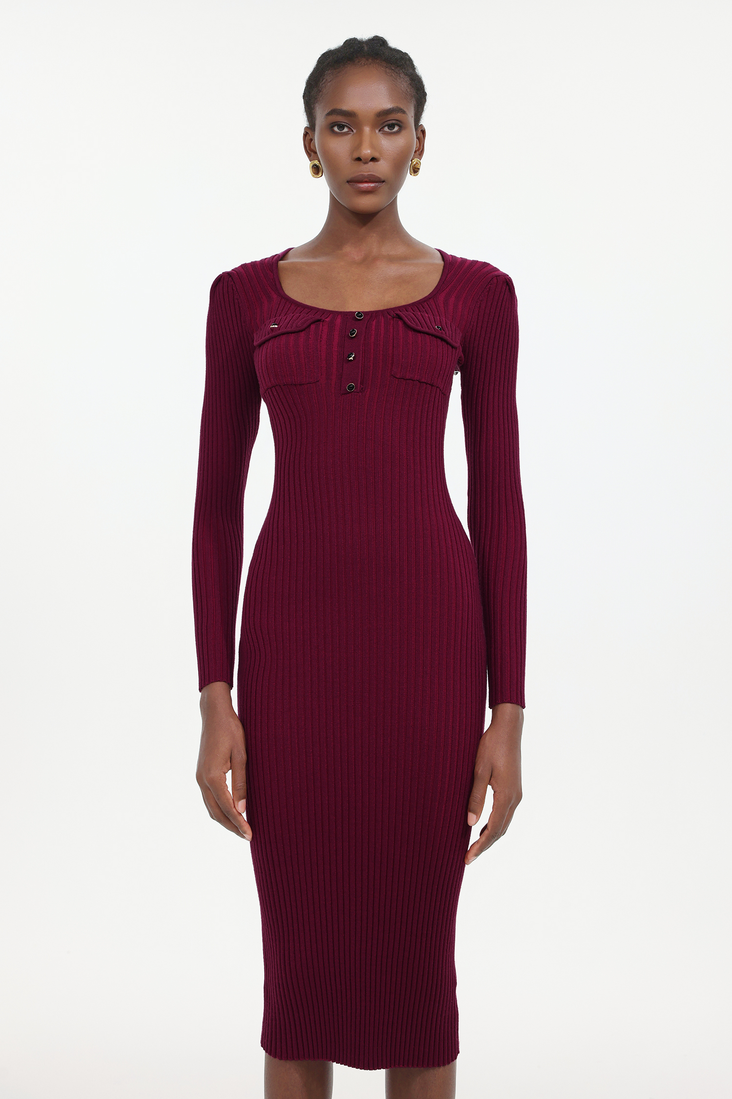 Pelosy Elegant Contour Long Sleeve Knit Midi Dress