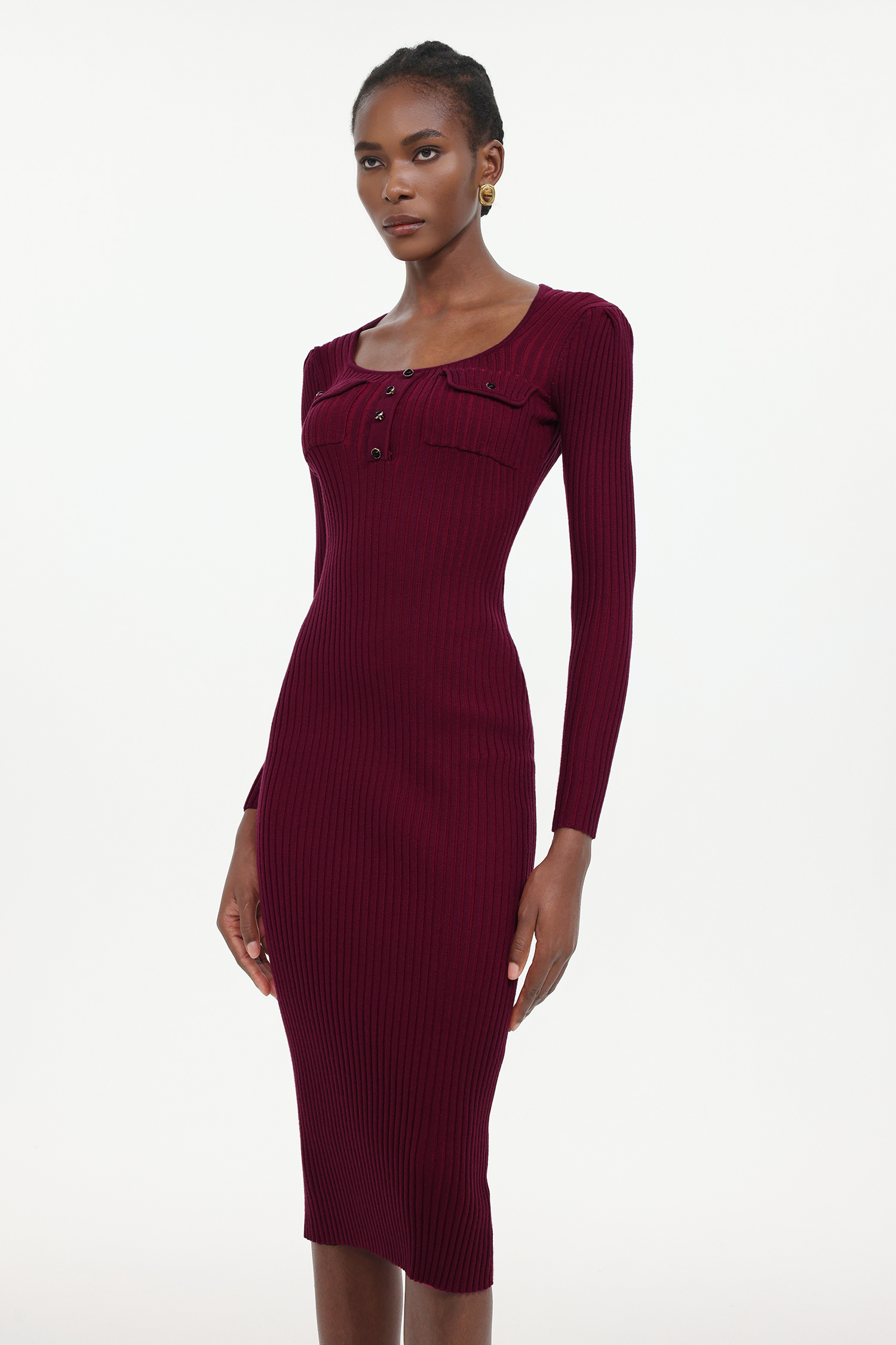 Pelosy Elegant Contour Long Sleeve Knit Midi Dress