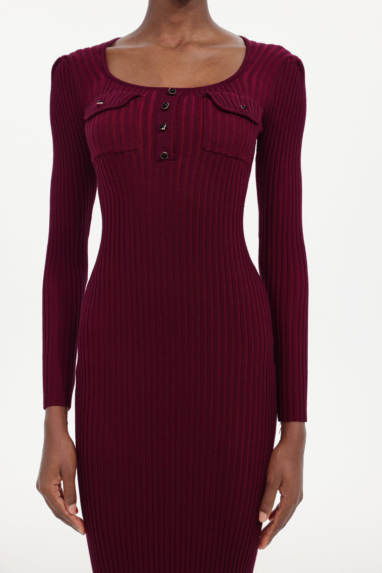 Pelosy Elegant Contour Long Sleeve Knit Midi Dress
