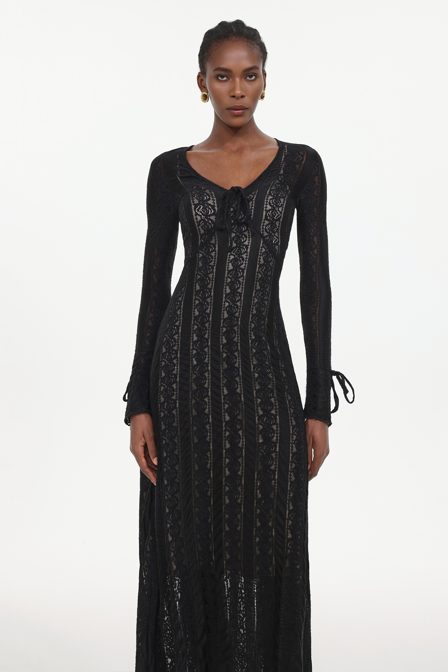 Katya Romantic Contour Long Sleeve Bow Lace Black Maxi Dress