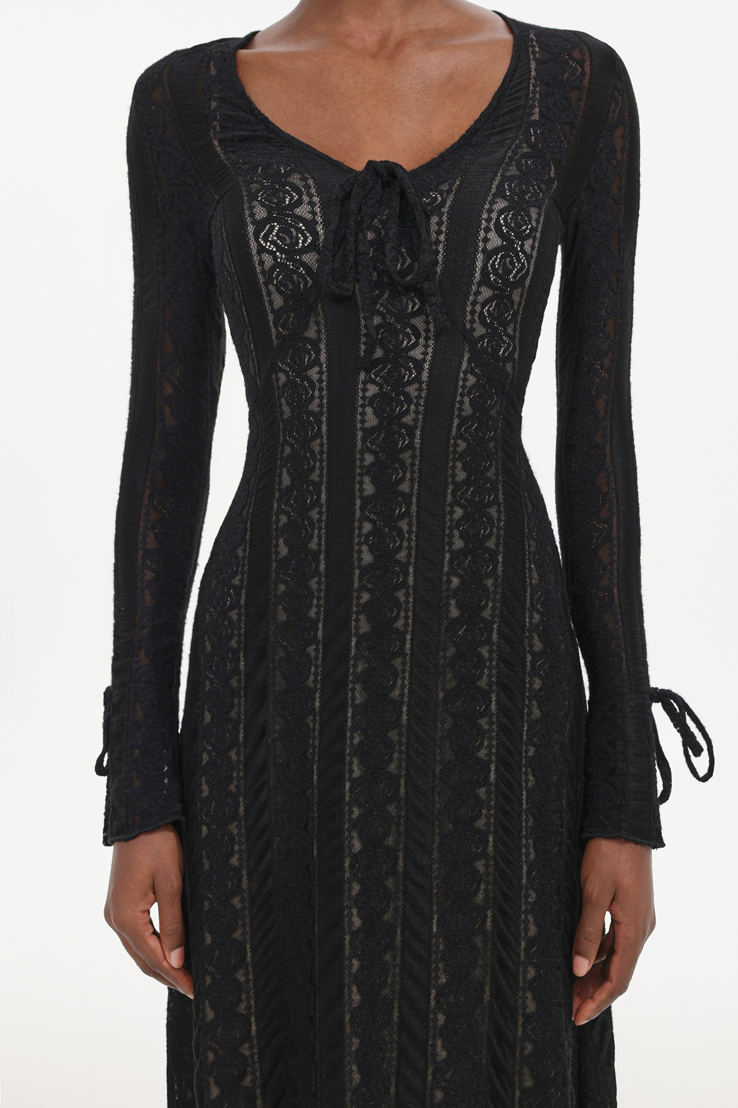 Katya Romantic Contour Long Sleeve Bow Lace Black Maxi Dress