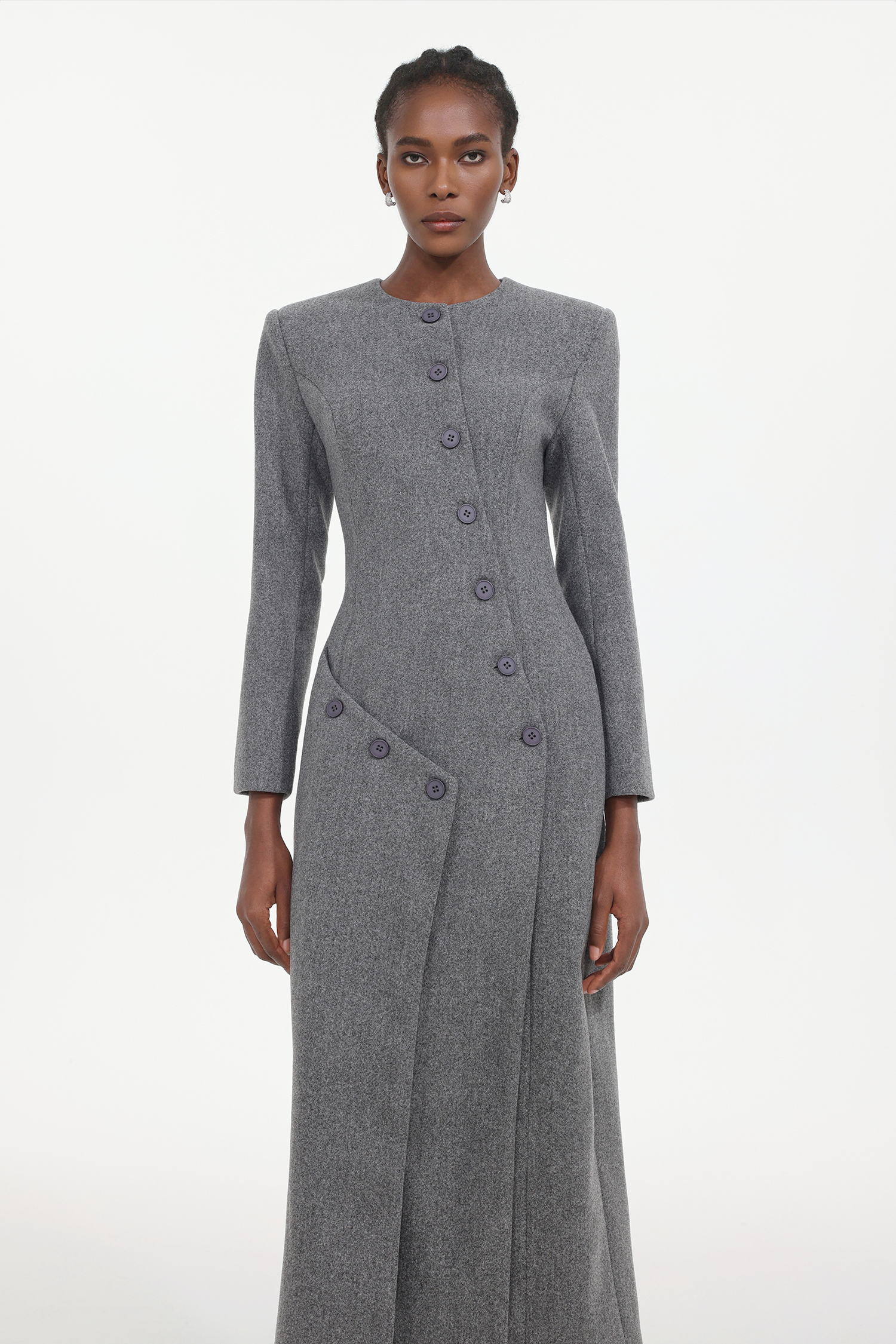 Sliye Classic Tailored Round Neck Long Sleeve Deconstructed Woven Coat