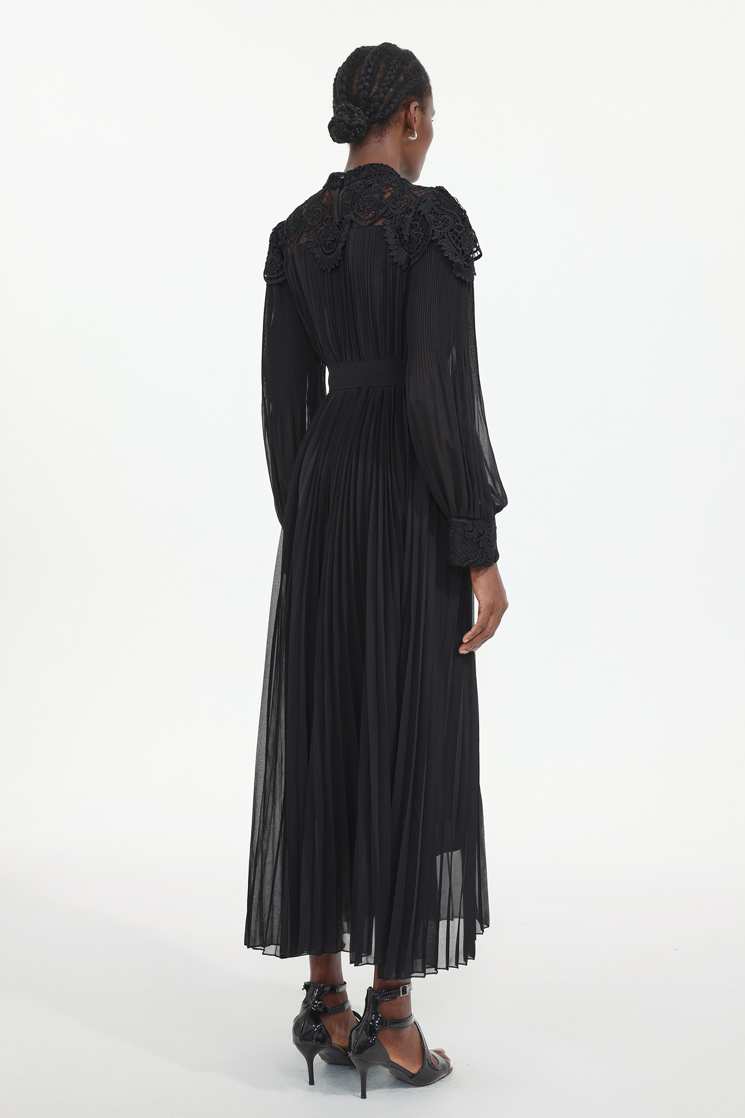 Larry Resort Flowy Long Sleeve Lace Pleated Woven Maxi Dress