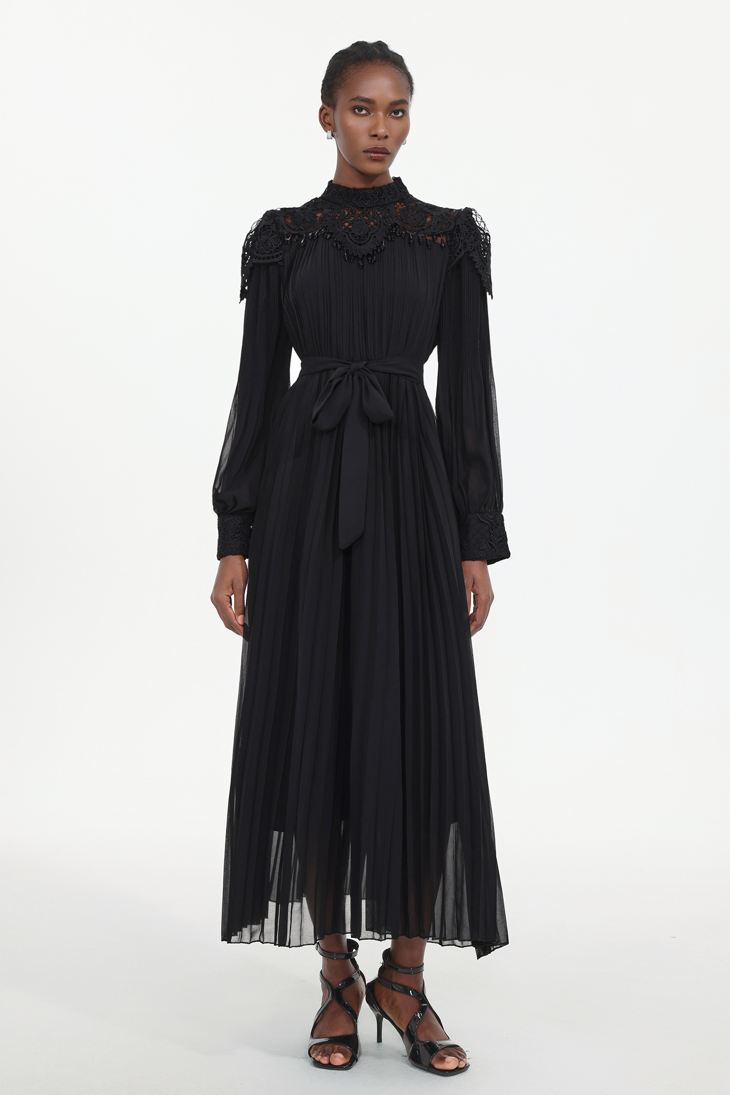 Larry Resort Flowy Long Sleeve Lace Pleated Woven Maxi Dress