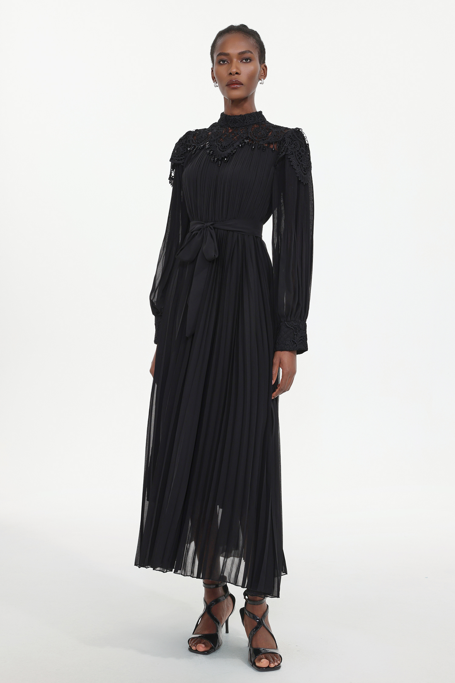 Larry Resort Flowy Long Sleeve Lace Pleated Woven Maxi Dress