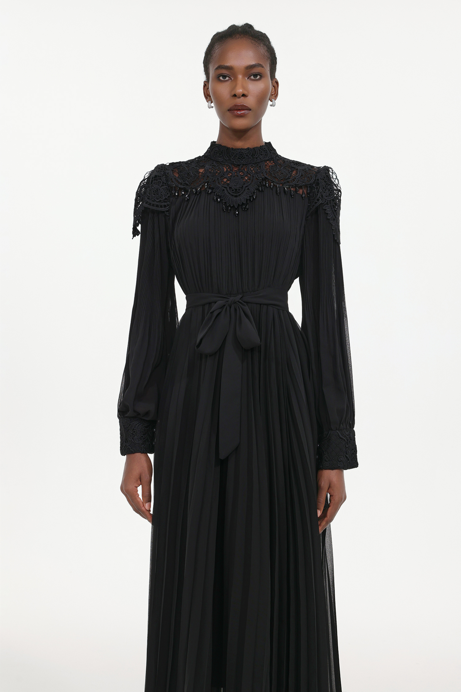 Larry Resort Flowy Long Sleeve Lace Pleated Woven Maxi Dress