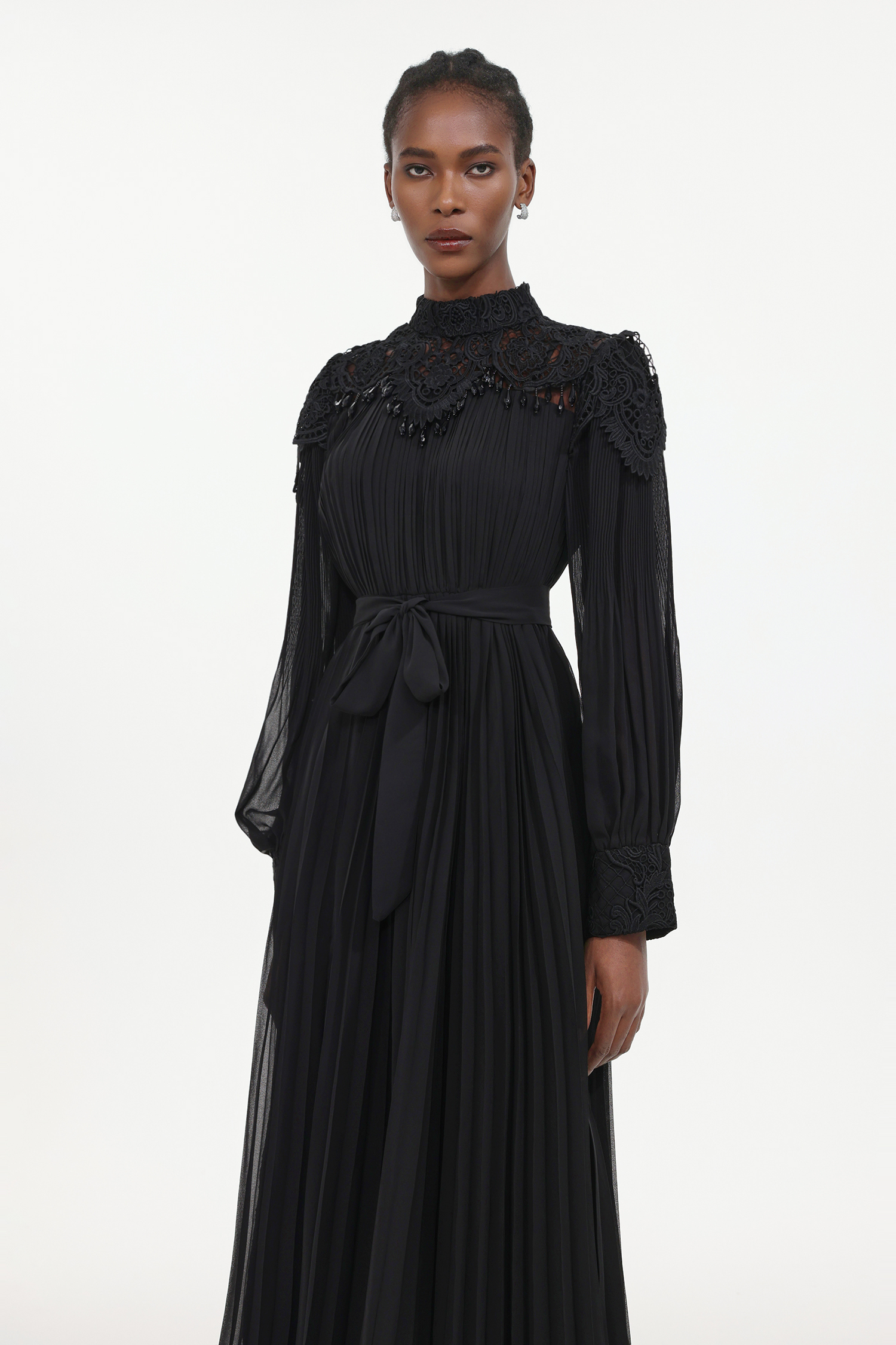 Larry Resort Flowy Long Sleeve Lace Pleated Woven Maxi Dress