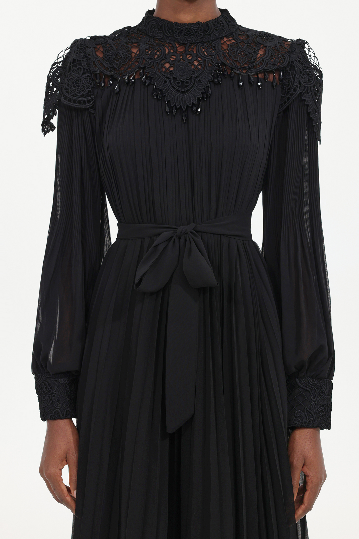 Larry Resort Flowy Long Sleeve Lace Pleated Woven Maxi Dress