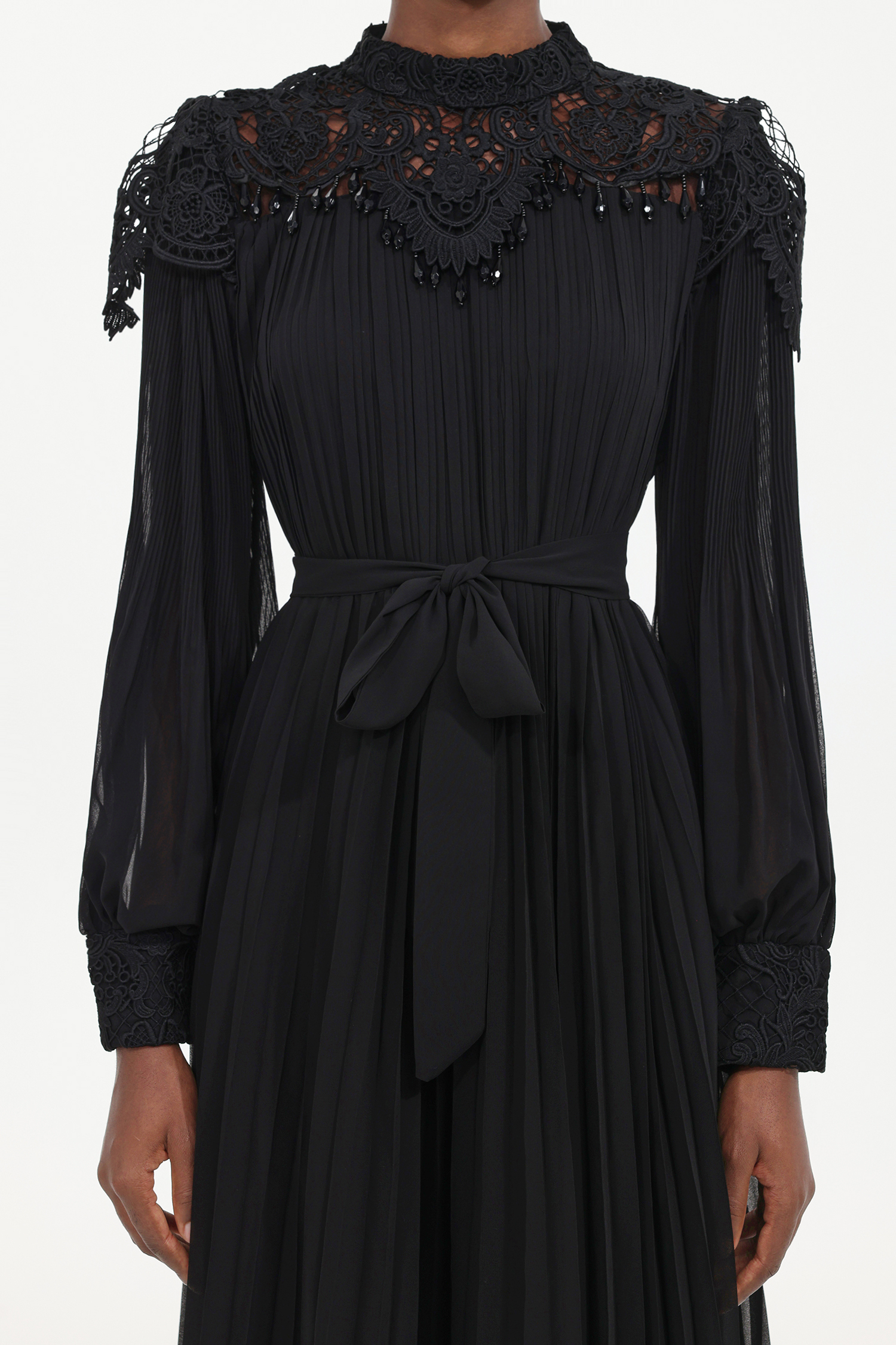 Larry Resort Flowy Long Sleeve Lace Pleated Woven Maxi Dress