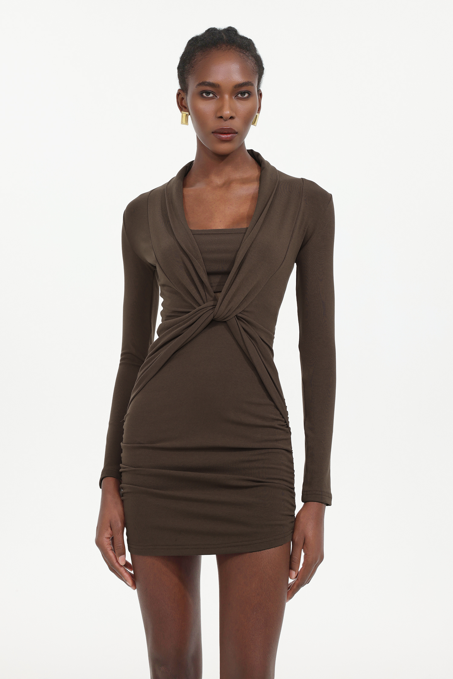 Elleri Elegant Contour Long Sleeve Twist Knit Mini Dress