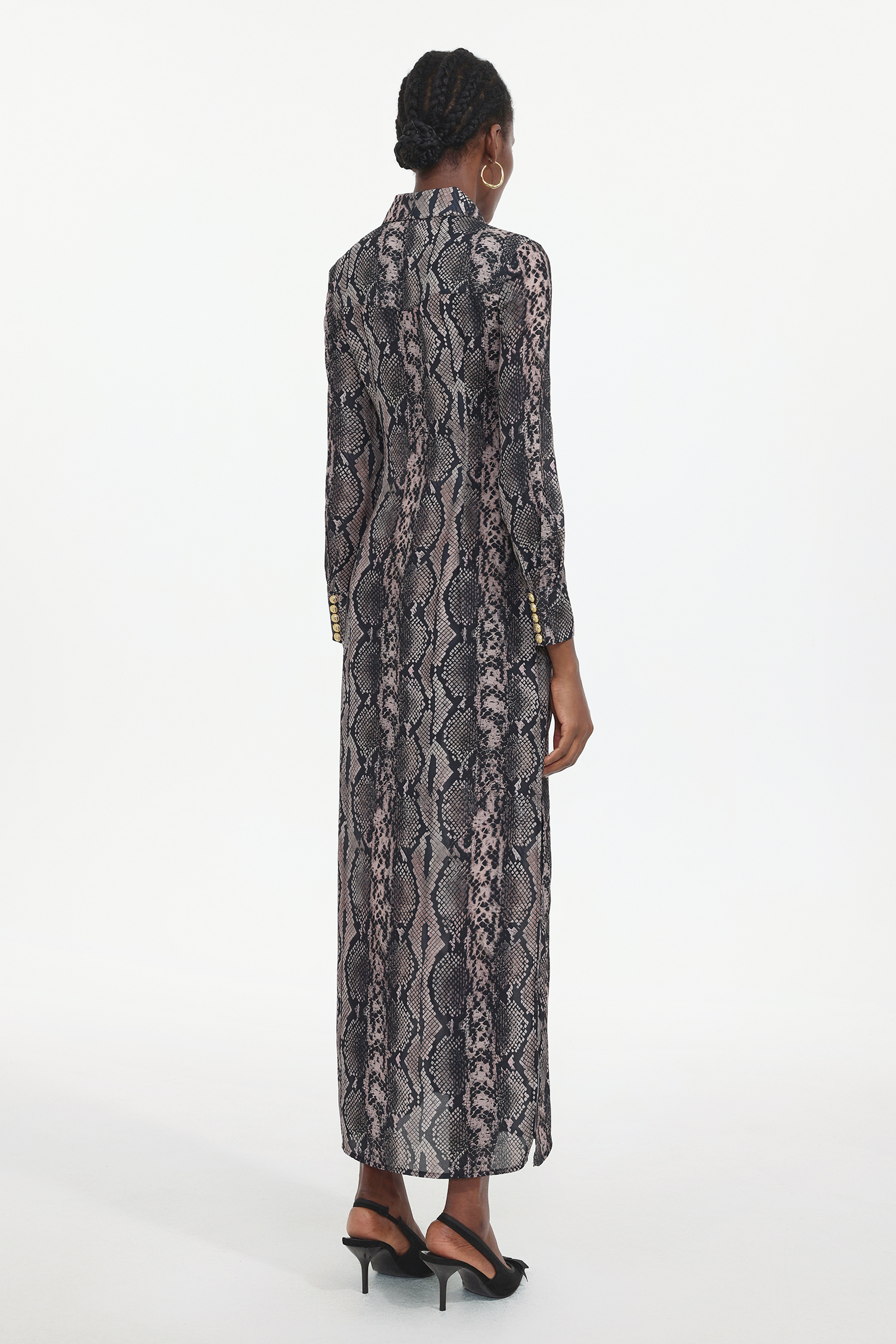 Tinnie Elegant Tailored Long Sleeve Snake Print Woven Maxi Dress