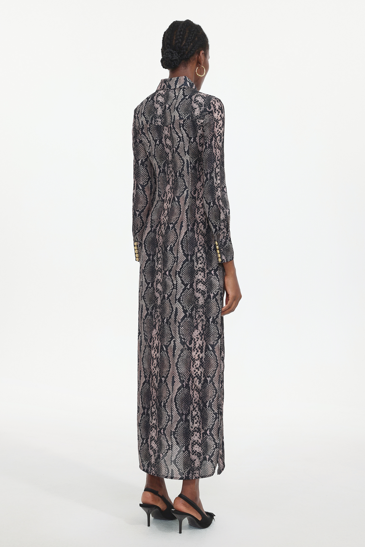Tinnie Elegant Tailored Long Sleeve Snake Print Woven Maxi Dress