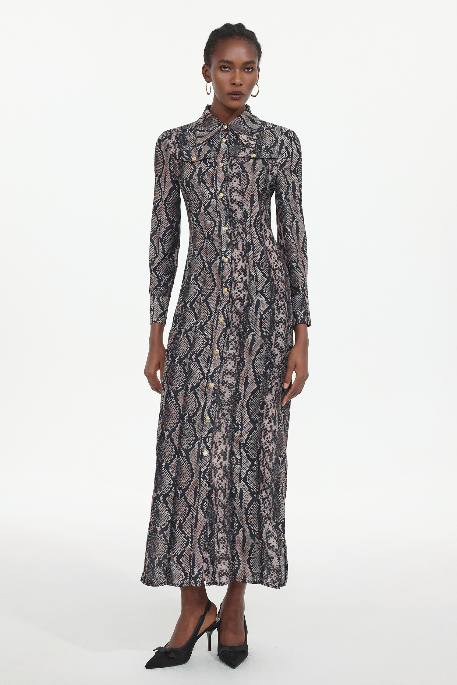 Tinnie Elegant Tailored Long Sleeve Snake Print Woven Maxi Dress