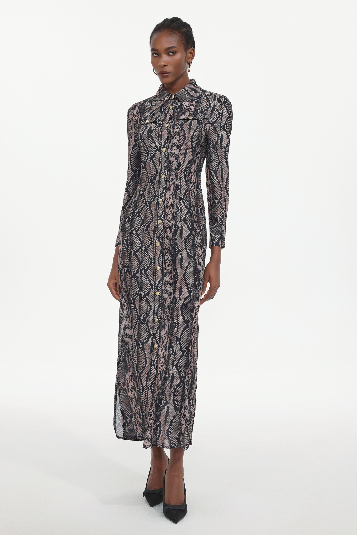 Tinnie Elegant Tailored Long Sleeve Snake Print Woven Maxi Dress